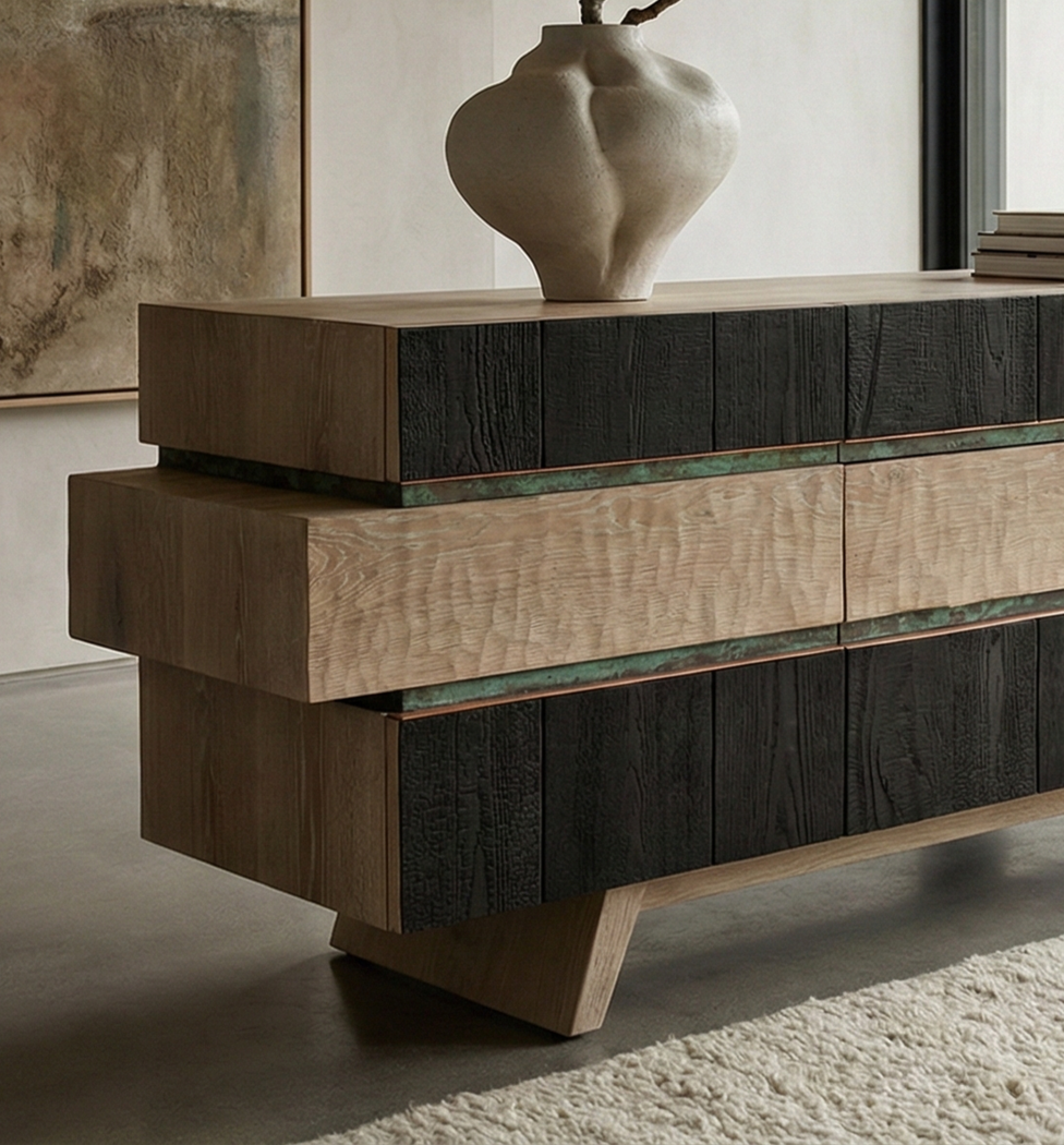 A modern wooden dresser with black and natural wood panels, placed on a concrete floor with a cream-colored shag rug in front. There is a textured beige vase on top and books on the side, with artwork hanging on the wall in the background.