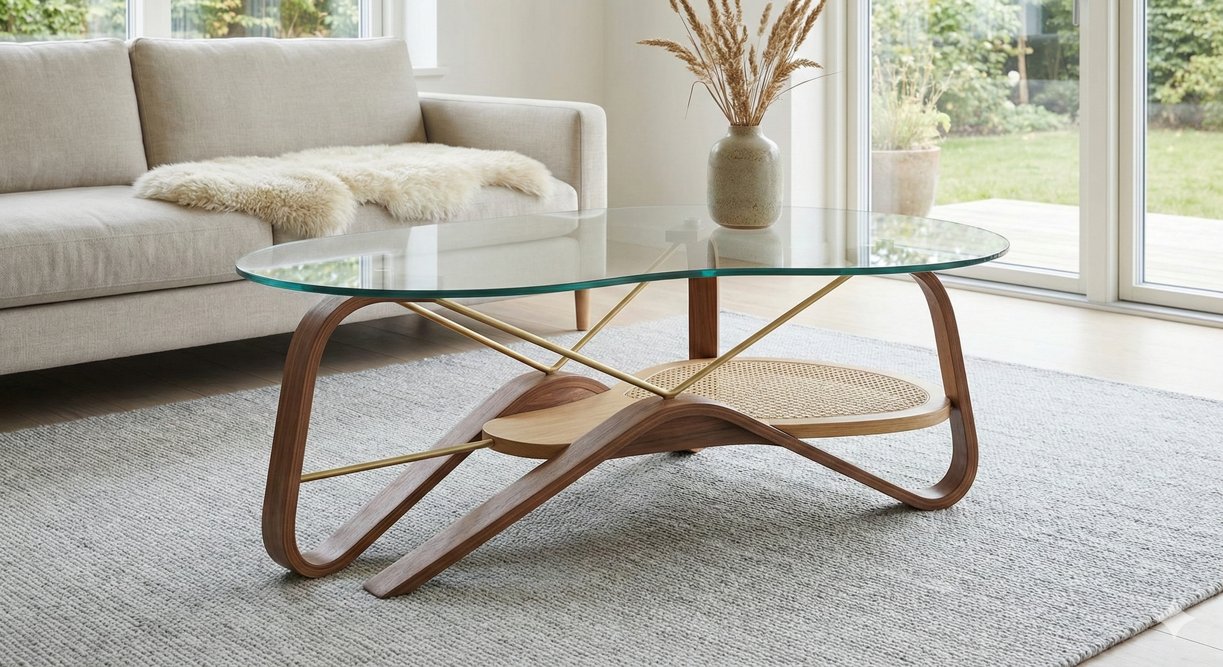 Modern living room with a beige sofa, sheepskin throw, glass and wooden coffee table, and a ceramic vase with dried pampas grass, near large sliding glass doors showing a garden outside.