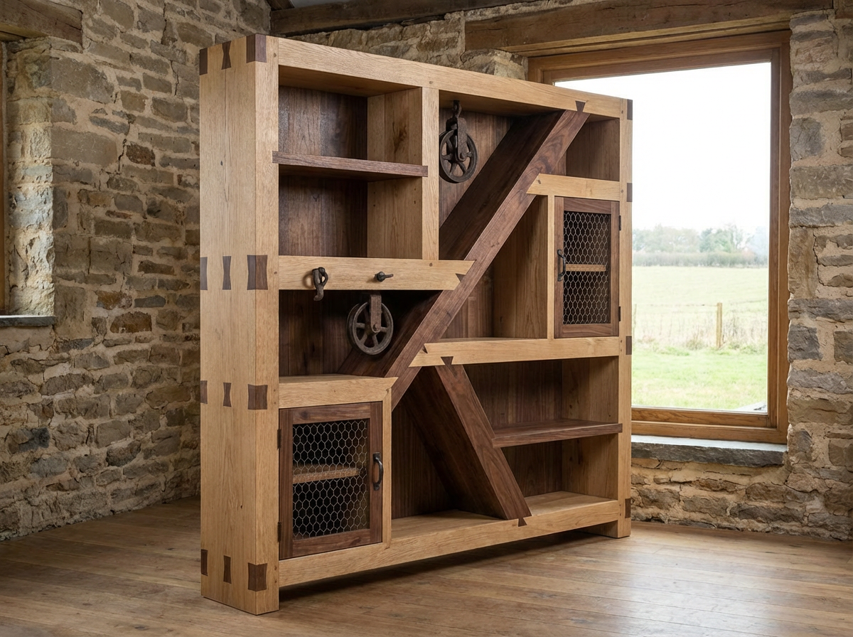 A rustic wooden bookshelf with a geometric design, metal hardware, and wire mesh cabinet doors, positioned in a room with stone walls and a large window showing an outdoor landscape.