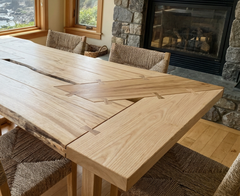A rustic wooden dining table with a natural, unfinished look, situated in front of a stone fireplace and near windows showing greenery outside.
