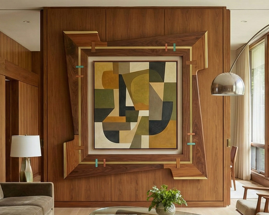 A large, abstract geometric artwork featuring various shapes and earthy colors, framed and mounted on a wood-paneled wall in a living room with modern decor.
