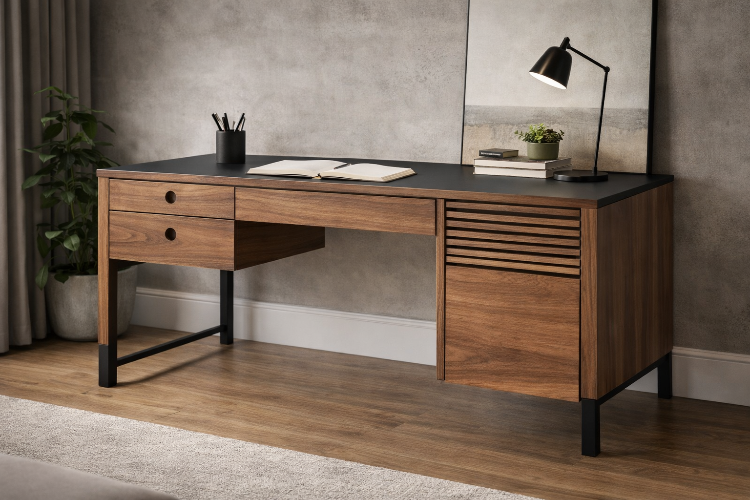 Modern wooden desk with black tabletop, open book, black pen holder, small potted plant, desk lamp, and stacked books, positioned in a room with gray walls, curtains, and a potted plant nearby.