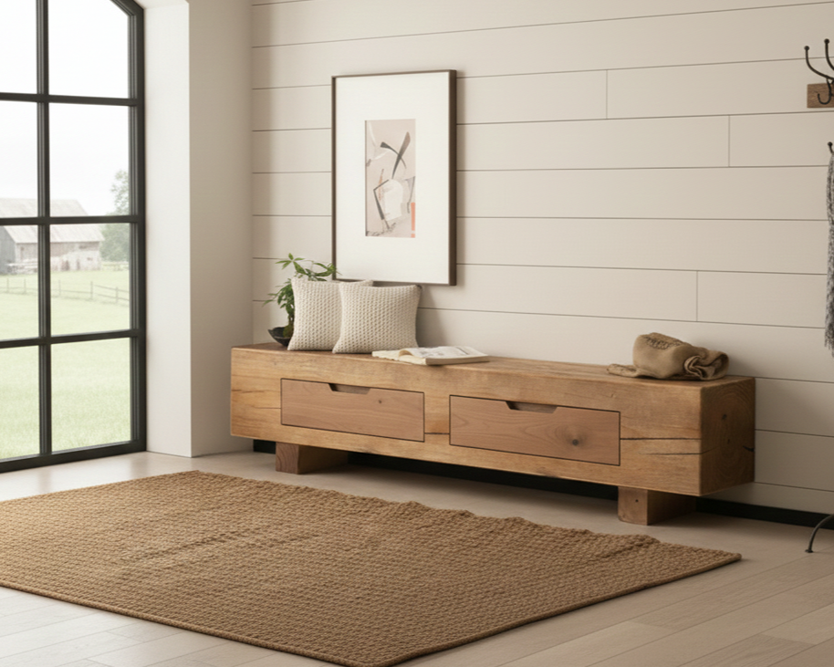 A minimalist interior entryway or living room corner with a wooden bench, pillows, a framed abstract artwork on white panel wall, a large window revealing a grassy landscape with a barn, a plant on the bench, a rolled towel, and a woven rug on light-colored floor.