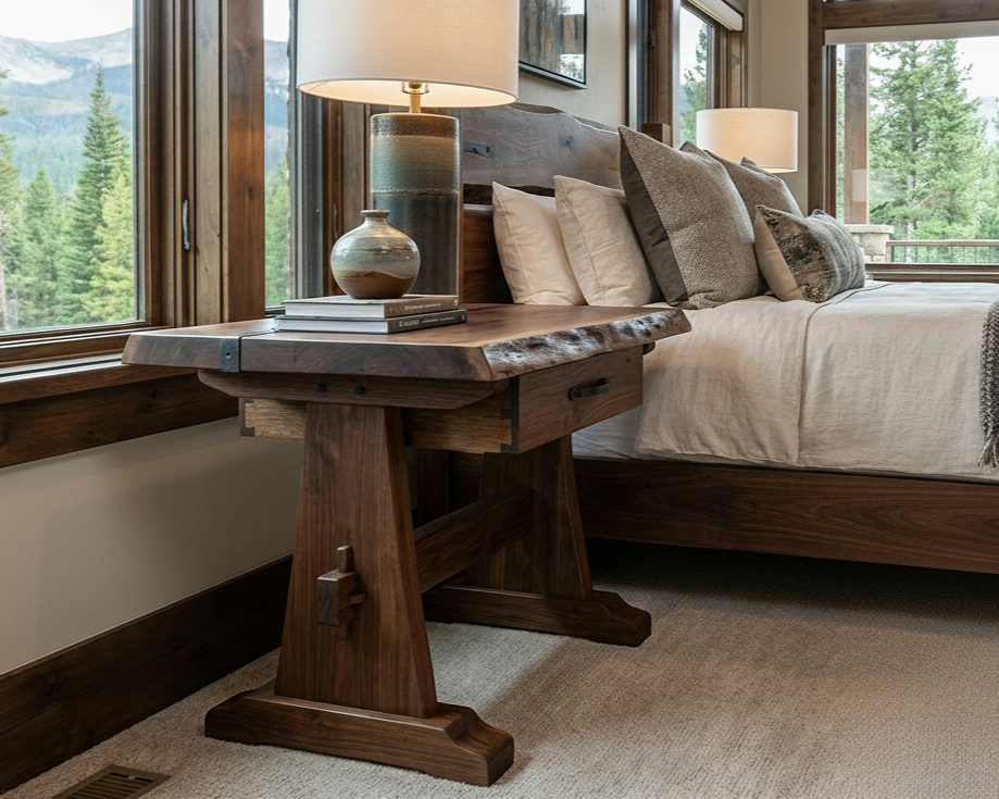 Wooden bed with neutral-colored bedding and multiple pillows, beside a rustic wooden side table with a lamp and decorative vase, near large windows showing a forest and mountain view.