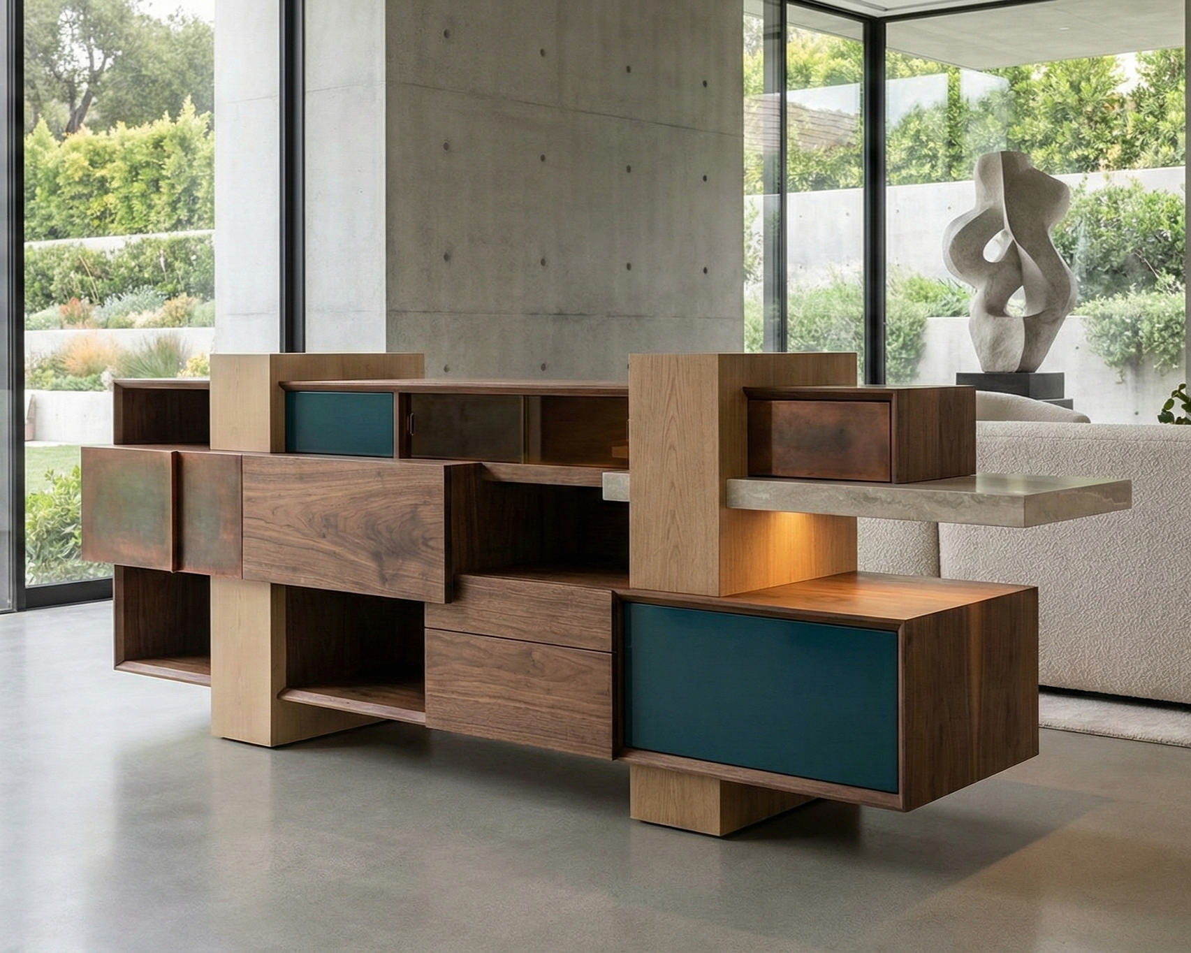 Modern wooden sideboard with multiple drawers and compartments in a contemporary living space with large windows and view of greenery outside.