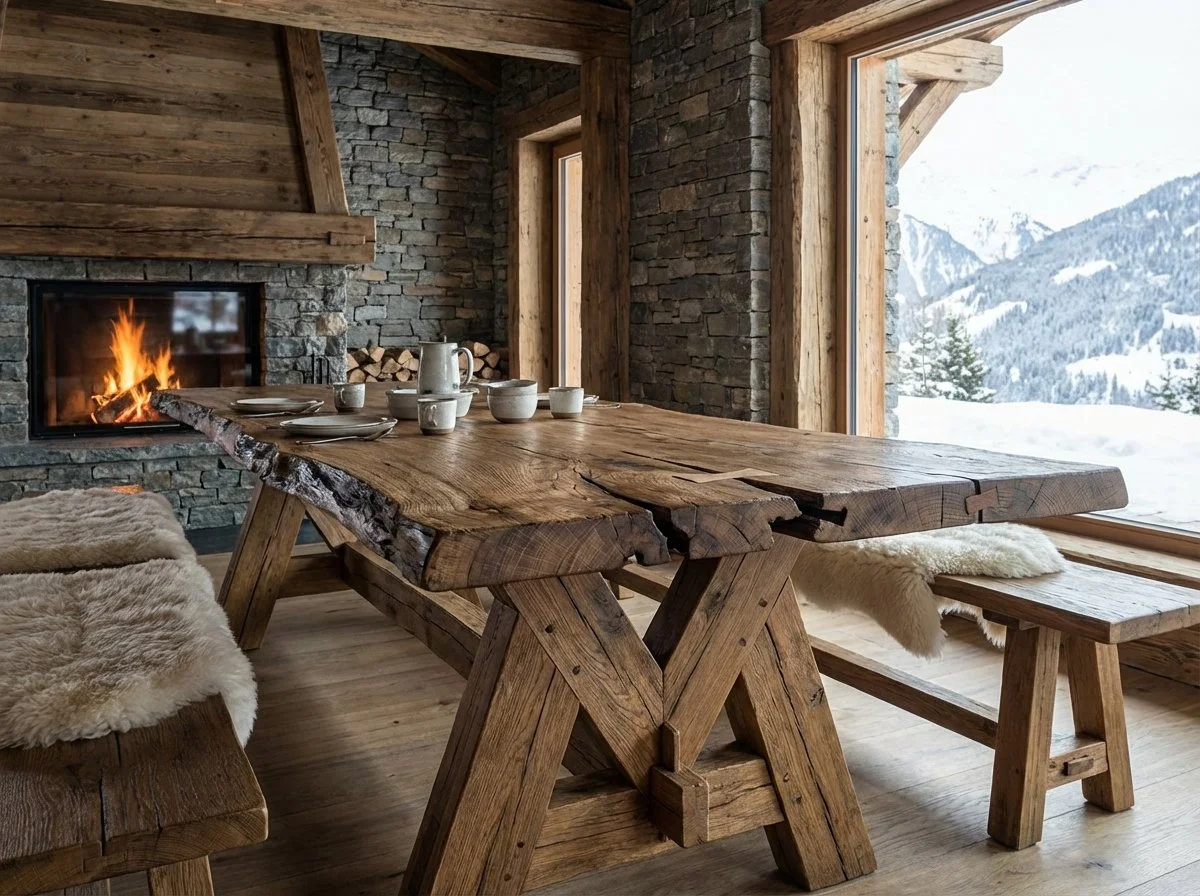 Cozy rustic cabin interior with a wooden dining table, sheepskin-covered benches, a stone fireplace with a fire, and large windows showing snow-covered mountains outside.
