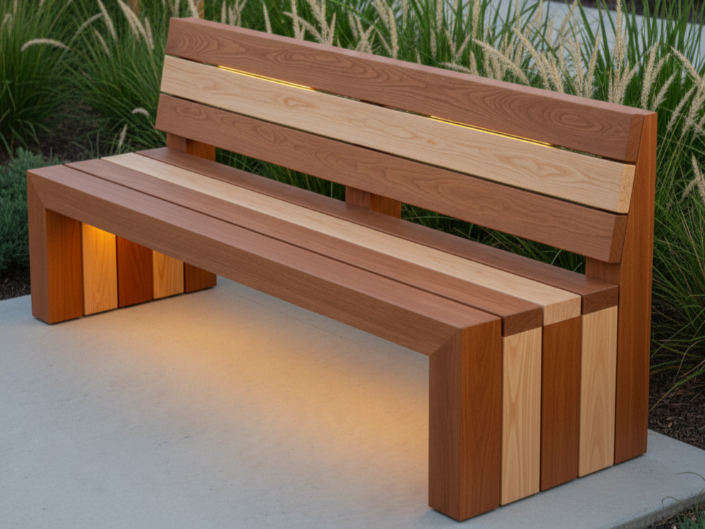 A modern outdoor wooden bench with a backrest, illuminated from below, situated on a concrete surface with greenery and tall grass in the background.