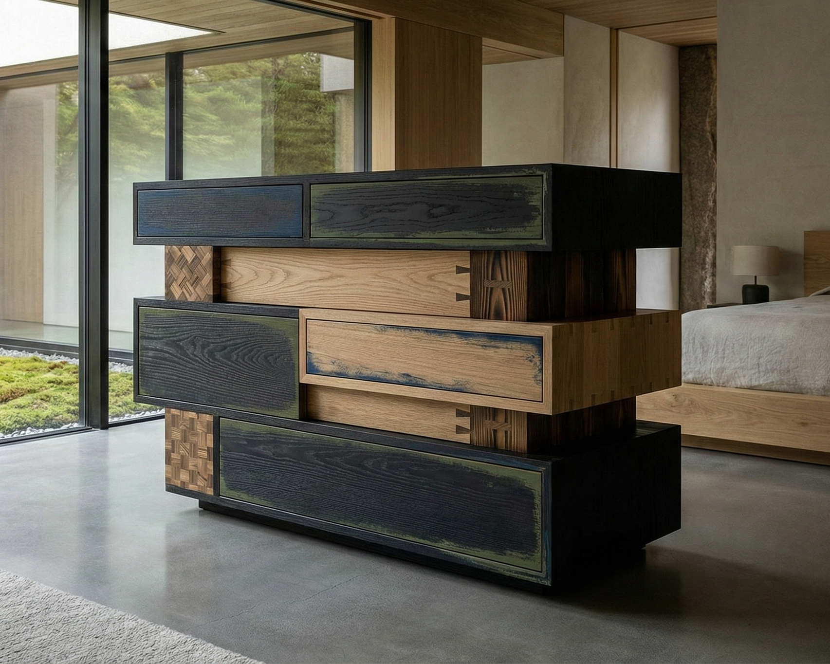 Modern wooden bedroom furniture with contrasting dark and light wood tones, positioned next to large floor-to-ceiling windows showing a garden outside.