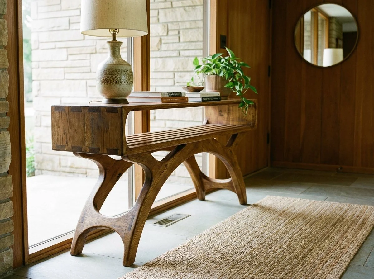 A wooden console table with a thick tabletop, a bench-style seat, and curved legs, placed next to a glass sliding door. The table holds a ceramic table lamp, a small potted plant, and a stack of books.