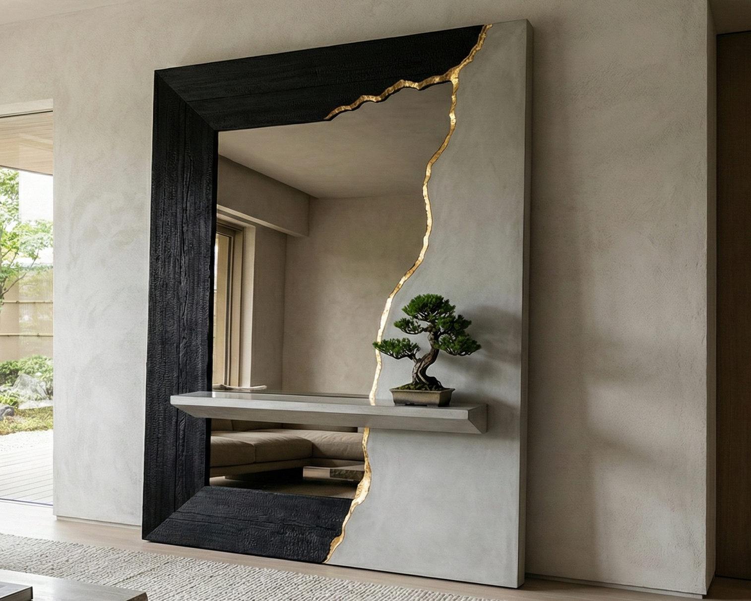 Modern interior wall with a crack in the wall revealing a black frame and a white shelf with a bonsai tree, gold accents along the crack, and a neighboring window showing a garden.
