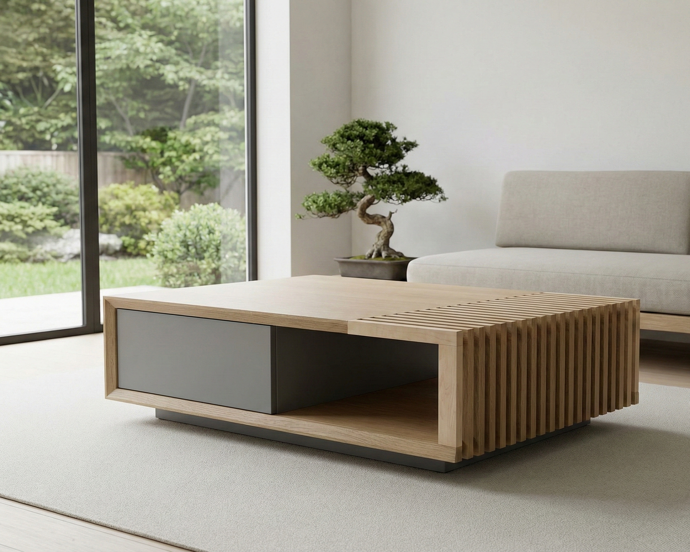 Modern living room with a minimalist wooden coffee table, a beige sofa, a bonsai tree in a pot, and sliding glass doors revealing a garden outside.