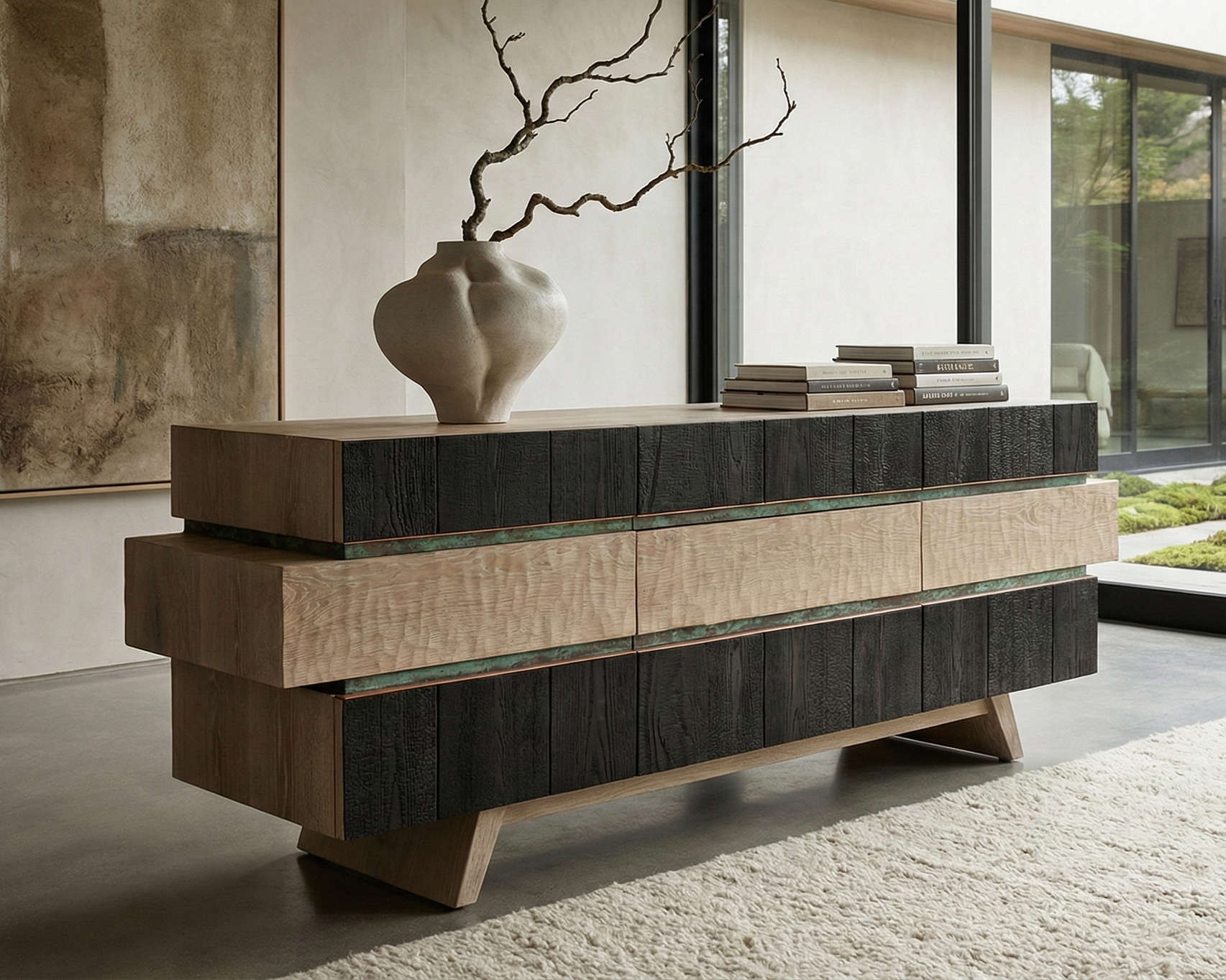 Modern wooden sideboard with black and natural wood finishes, topped with a beige vase holding branched twigs, with a stack of books on top, in a room with large glass windows and a beige textured wall.