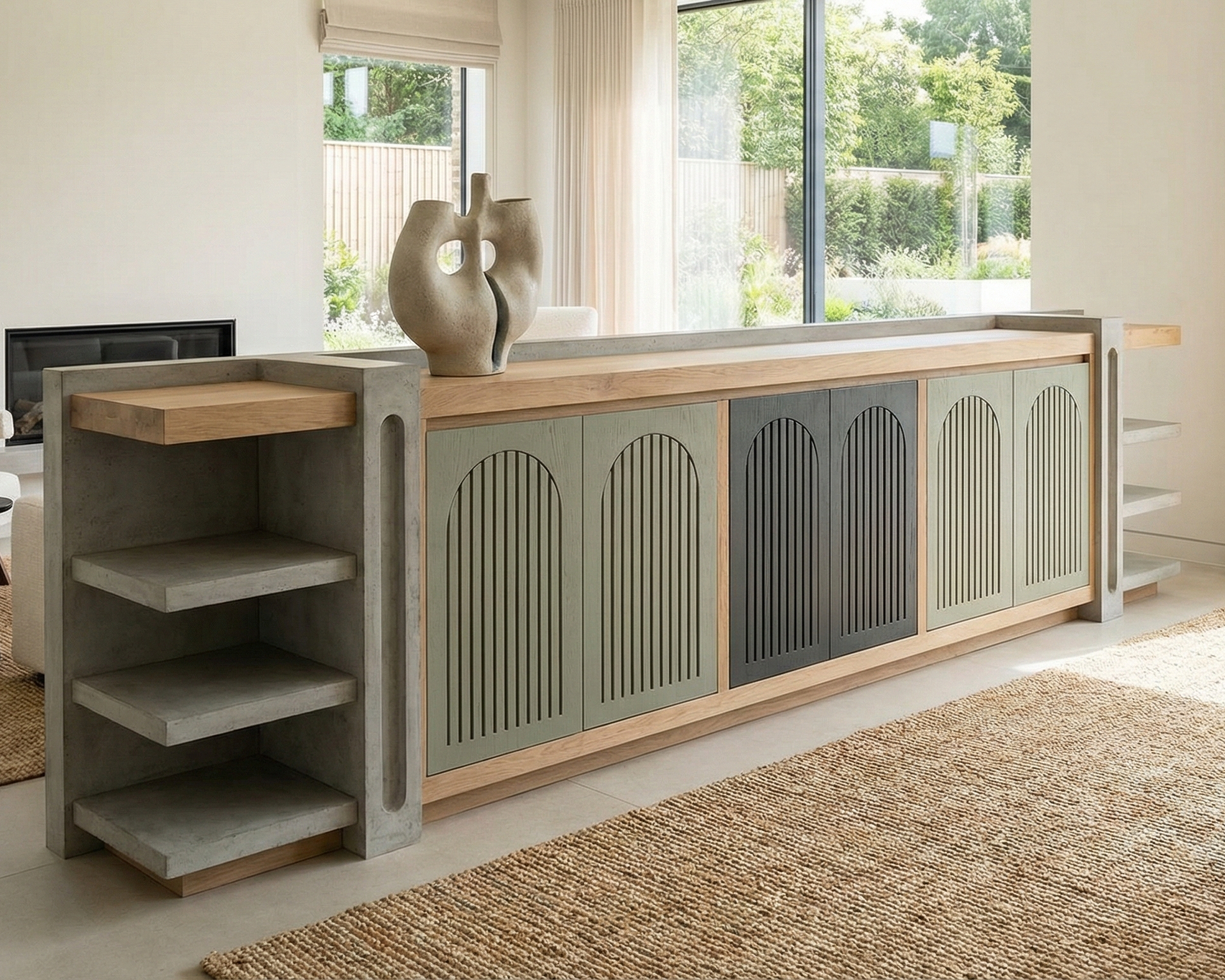 Modern sideboard with arched pattern doors and open shelving sides, topped with a decorative sculpture, situated in a bright living room with large windows and a view of a garden.