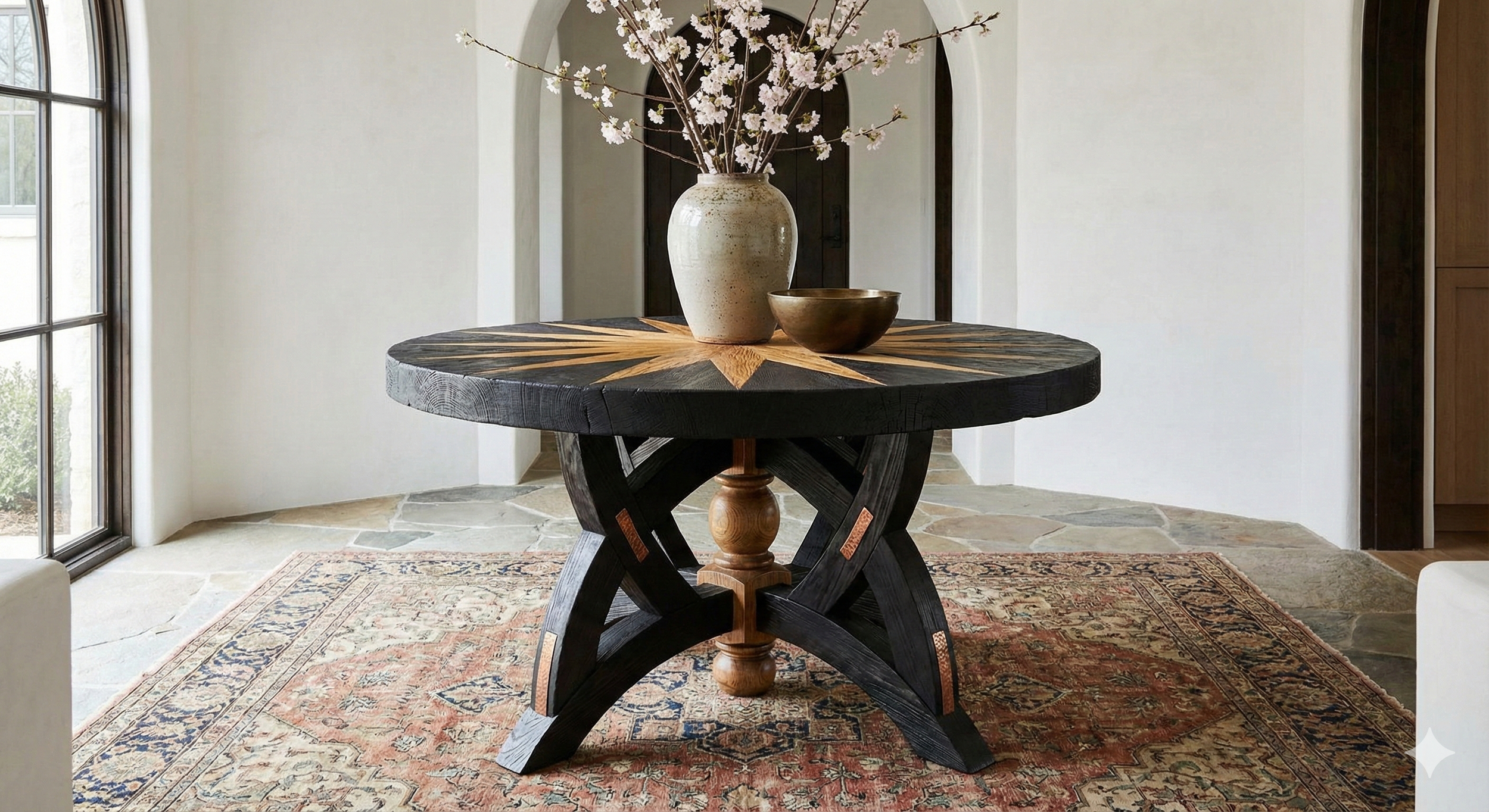 Round wooden table with a starburst design on top, decorated with a large beige vase with cherry blossom branches and a small dark bowl, situated on an ornate area rug in a bright room with large windows and stone floor.