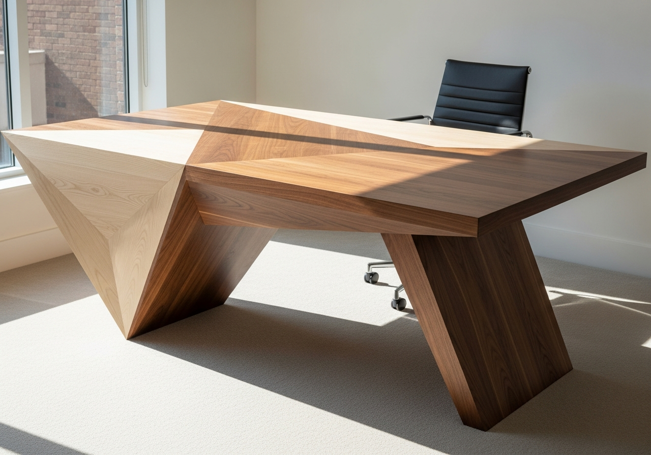 Modern wooden office desk with geometric design, placed in a room with large window and a black leather office chair.