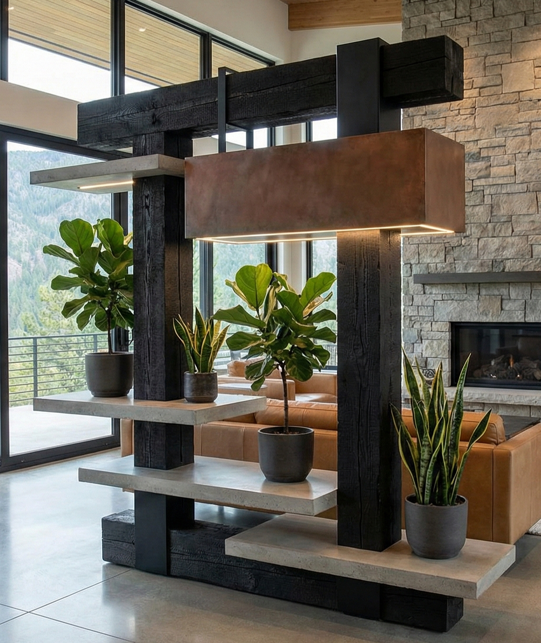 Modern interior with black wooden and white marble open shelving serving as a room divider, with green potted plants, large windows with mountain view, stone accent wall, and a tan leather couch.
