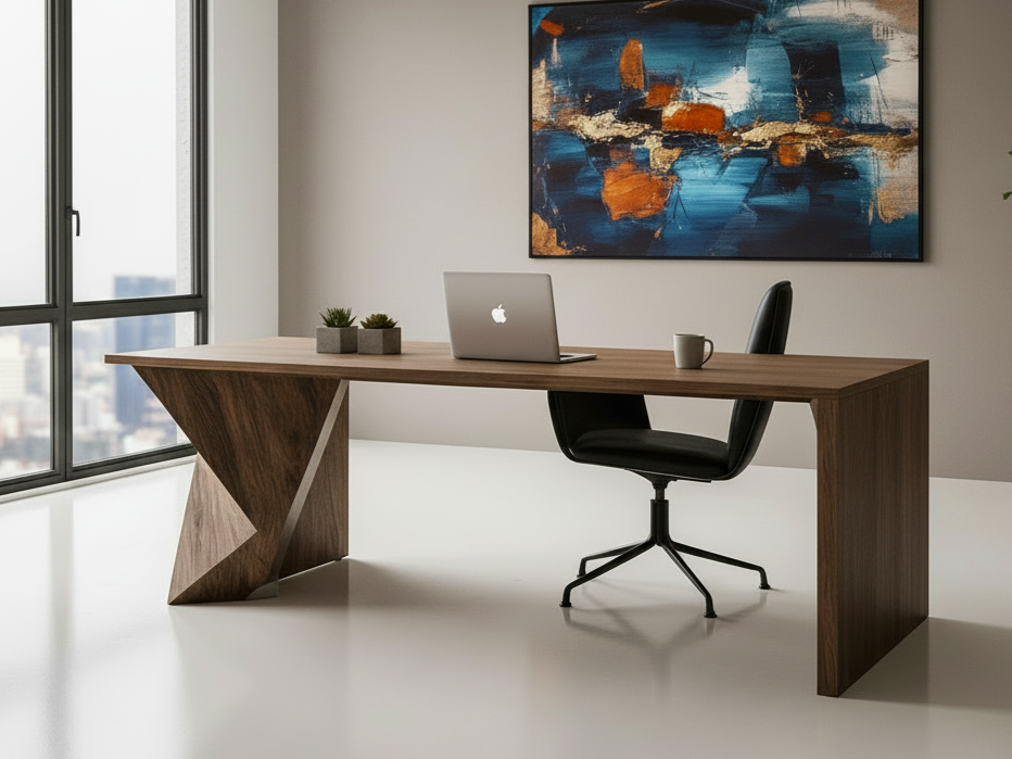 Modern office with a wooden desk, black swivel chair, laptop, two small potted plants, a coffee mug, large window, and an abstract painting on the wall.