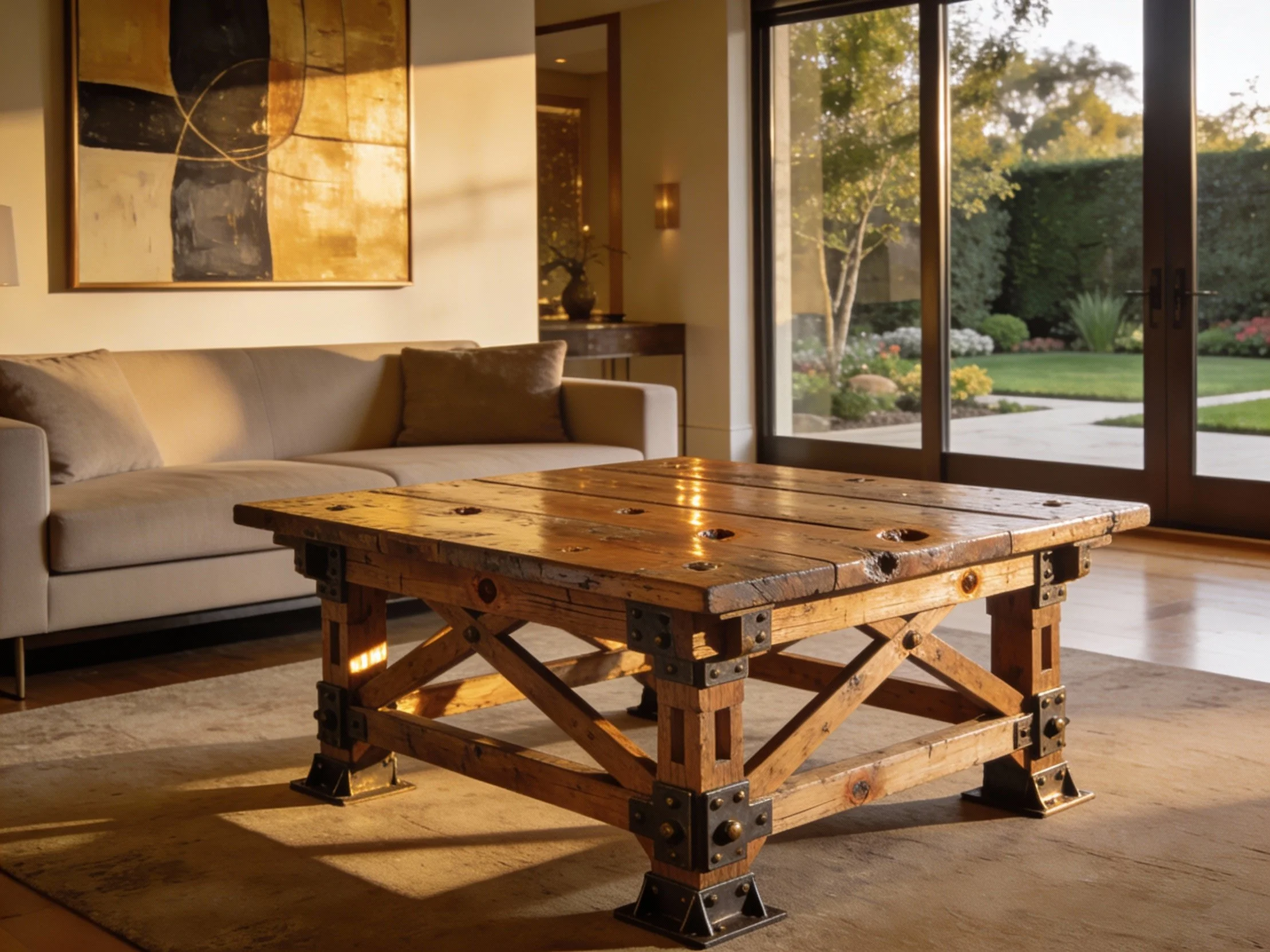Living room with beige sofa, abstract wall art, wooden coffee table, sliding glass doors opening to a landscaped garden.