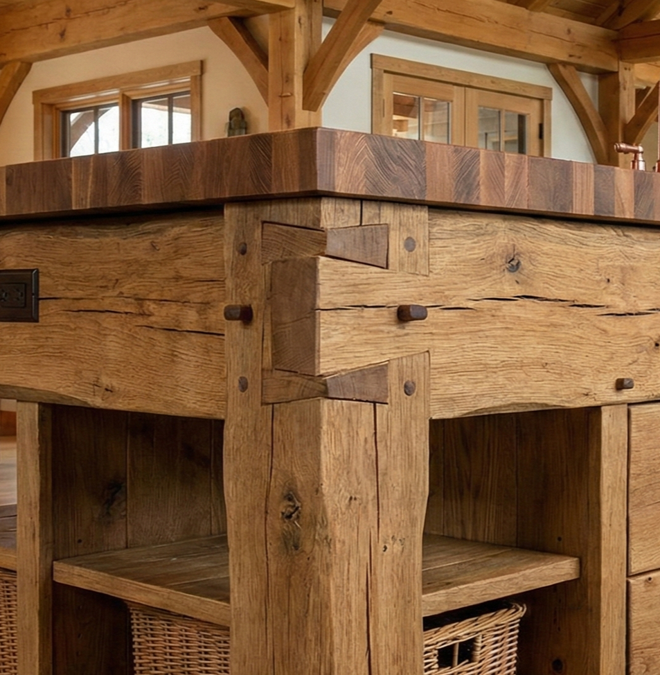 Close-up of a rustic wooden kitchen island with exposed joinery and a dark wood countertop, showing part of a woven basket underneath.