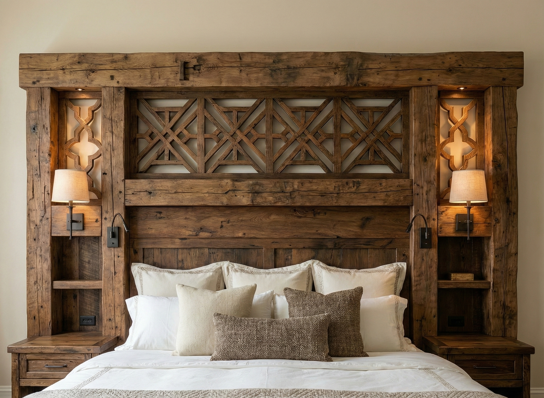 A rustic wooden bed headboard with built-in shelves and wall-mounted lamps, with a bed dressed in white sheets and decorative pillows.