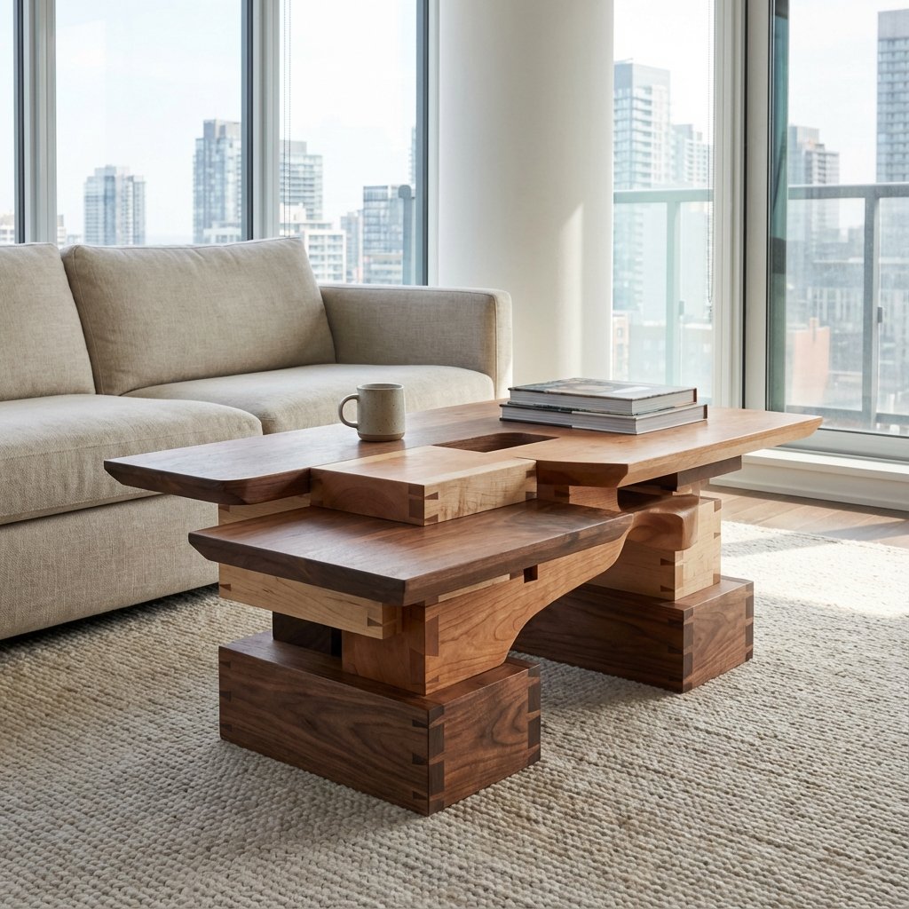 Modern apartment living room with a beige sofa, wooden coffee table holding stacked magazines and a mug, large windows showing city skyline, neutral-colored carpet.