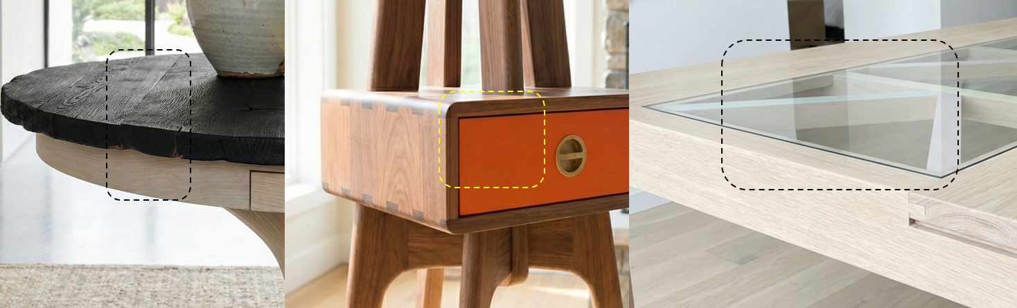 Close-up images of three different types of tables: a rustic wood table with a blackened top, a mid-century modern wooden table with an orange drawer, and a contemporary light wood table with a glass inset.