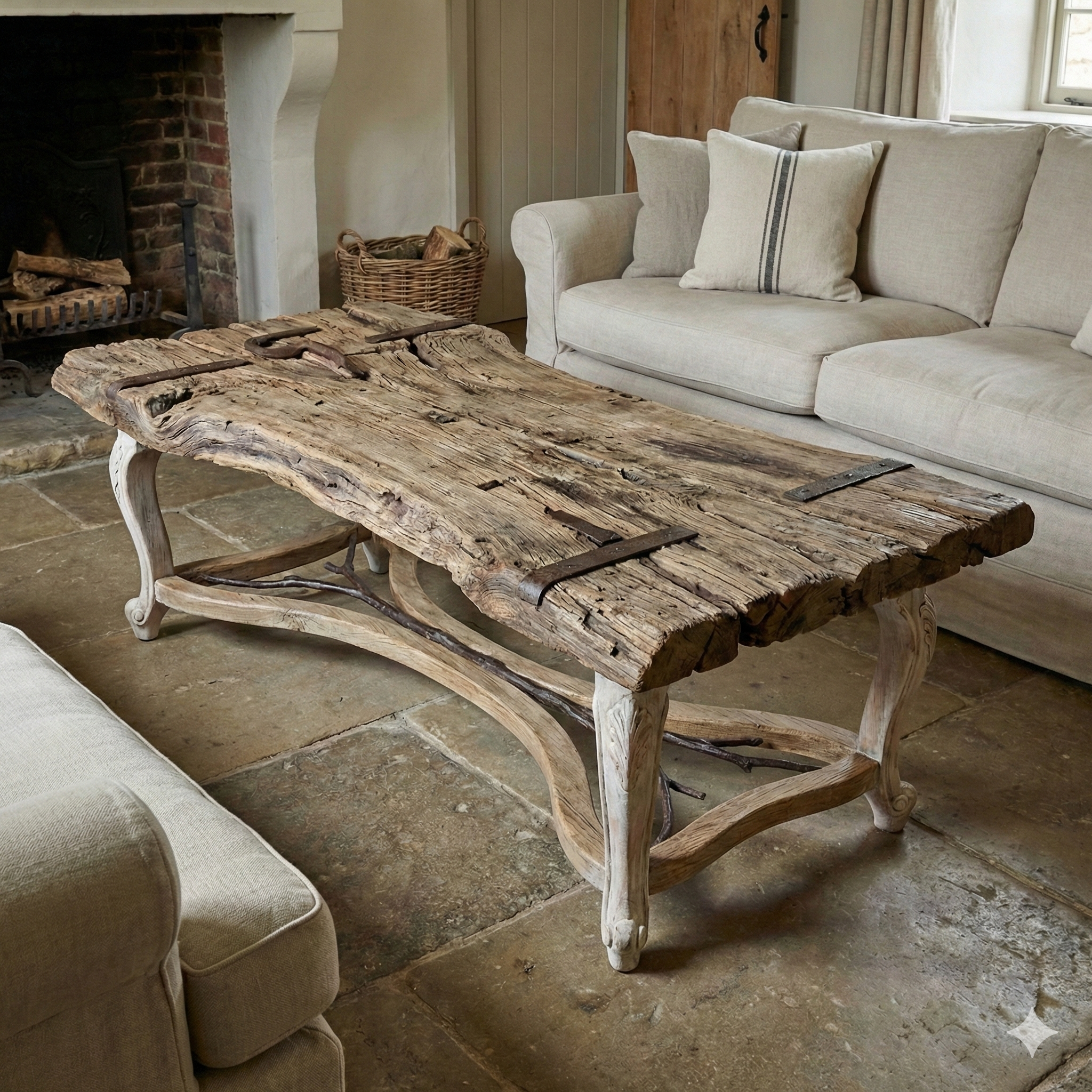 Rustic wooden table with metal accents in a cozy living room with beige sofas and stone flooring