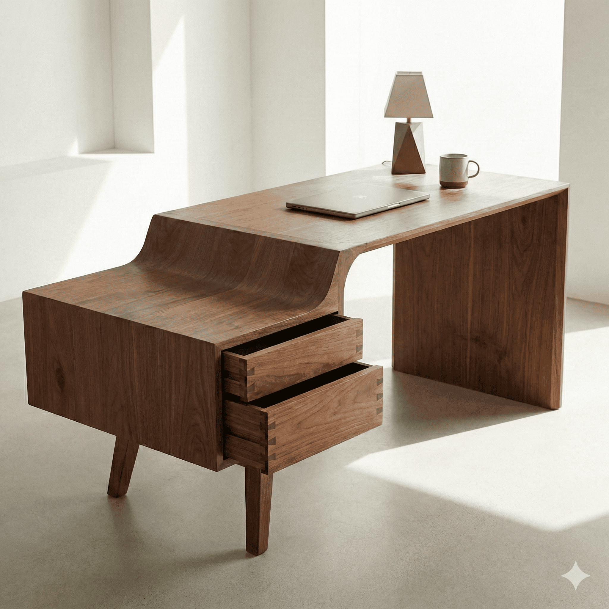 A minimalist wooden desk with a curved design on one side, featuring two drawers with dovetail joints, standing on four tapered legs. The desk holds a closed laptop, a small table lamp, and a mug, set in a bright room with white walls and natural light.