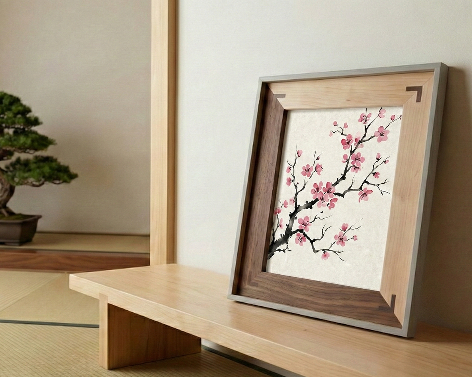 Framed artwork of pink cherry blossoms on a black branch, leaning against a wall in a room with tatami flooring and a bonsai tree in the background.