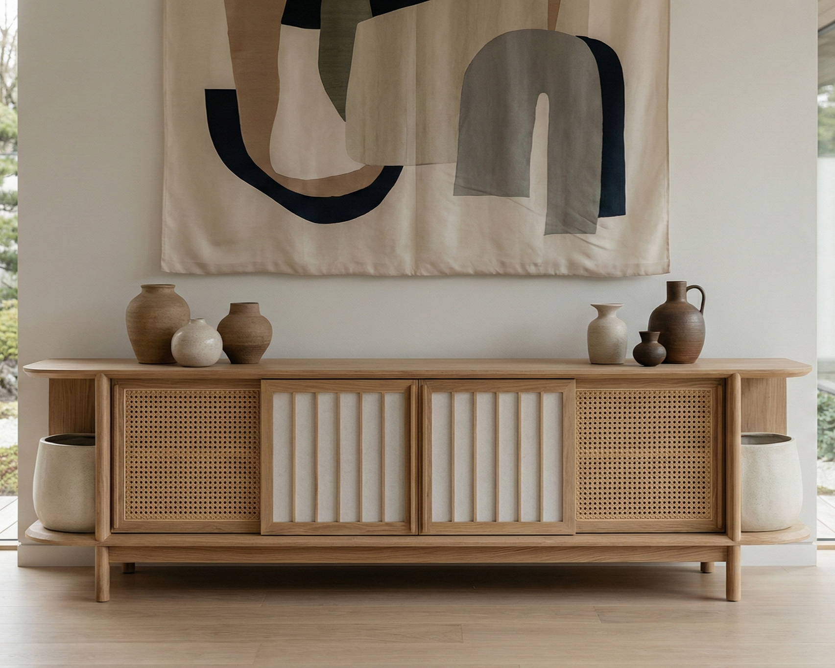 A wooden sideboard with a sliding door front, decorated with nine pottery vases of various sizes and a large abstract fabric art hanging above it, in a naturally lit room.