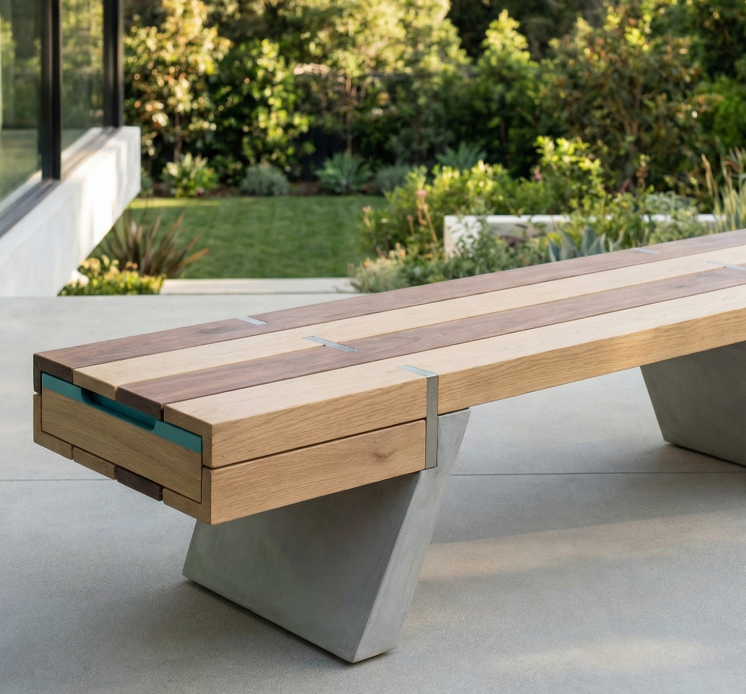 Modern outdoor wooden bench with concrete supports on a patio, with a lush green garden in the background.