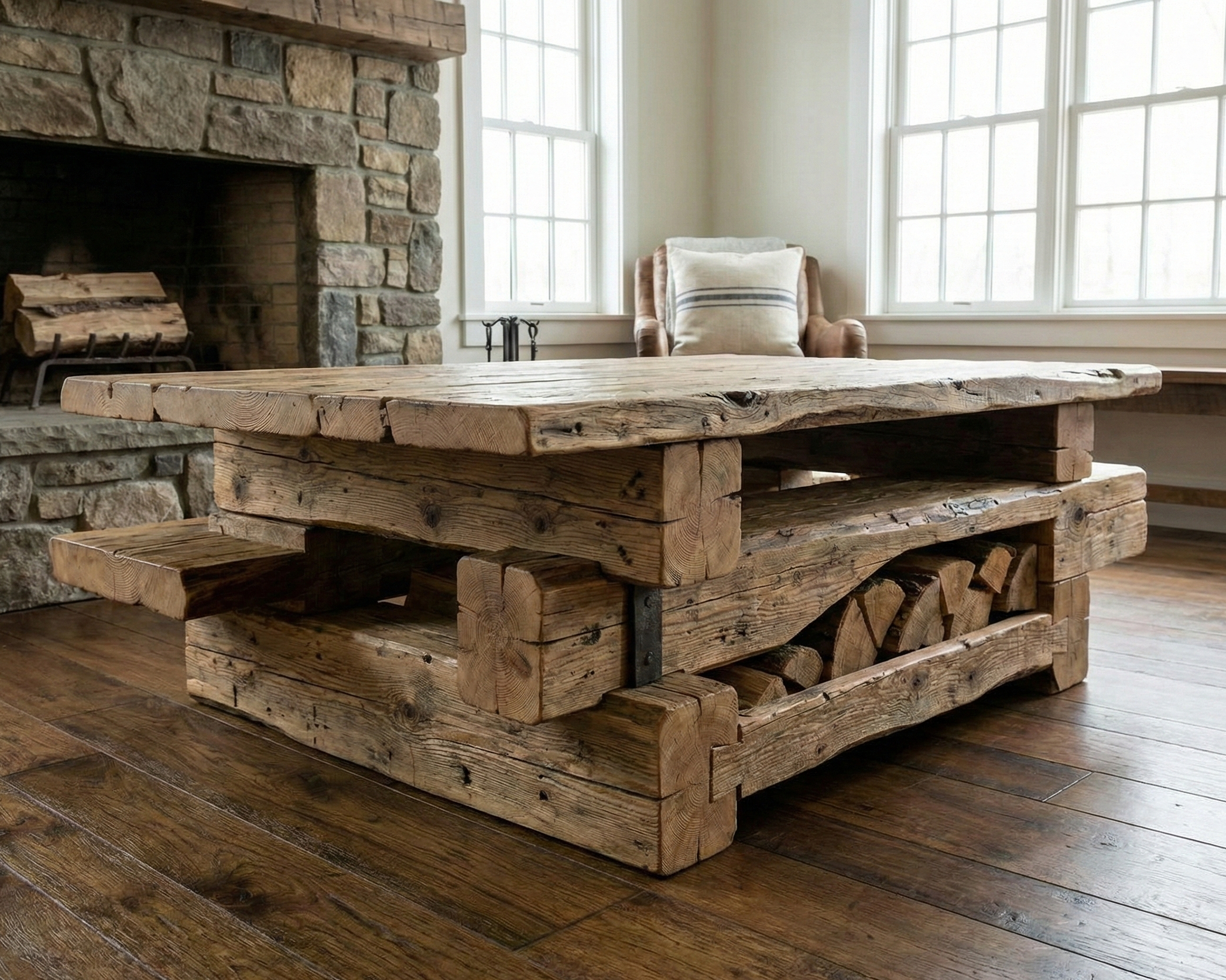 Rustic wooden coffee table in a cozy living room with stone fireplace and large windows.