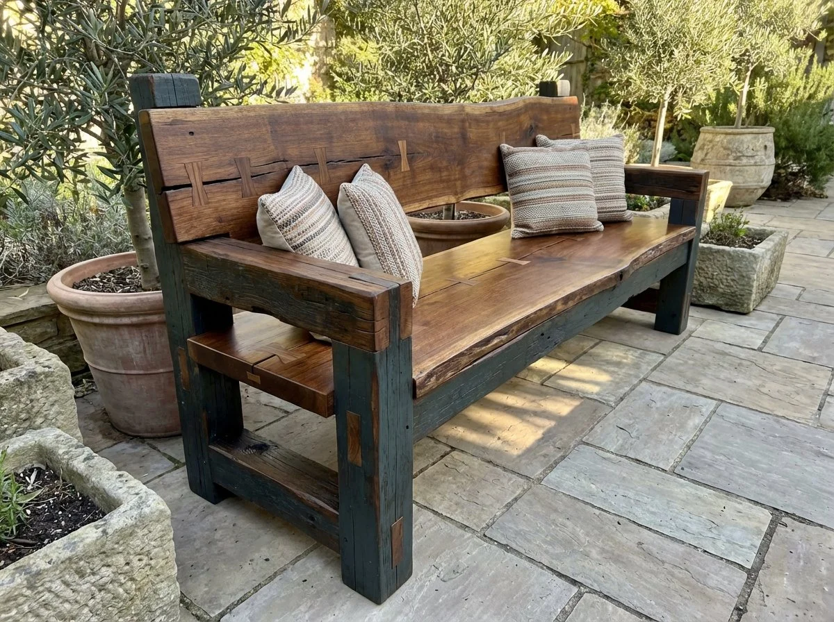 A wooden bench with a natural, rustic look and four cushions, placed on a stone patio surrounded by potted plants and greenery.