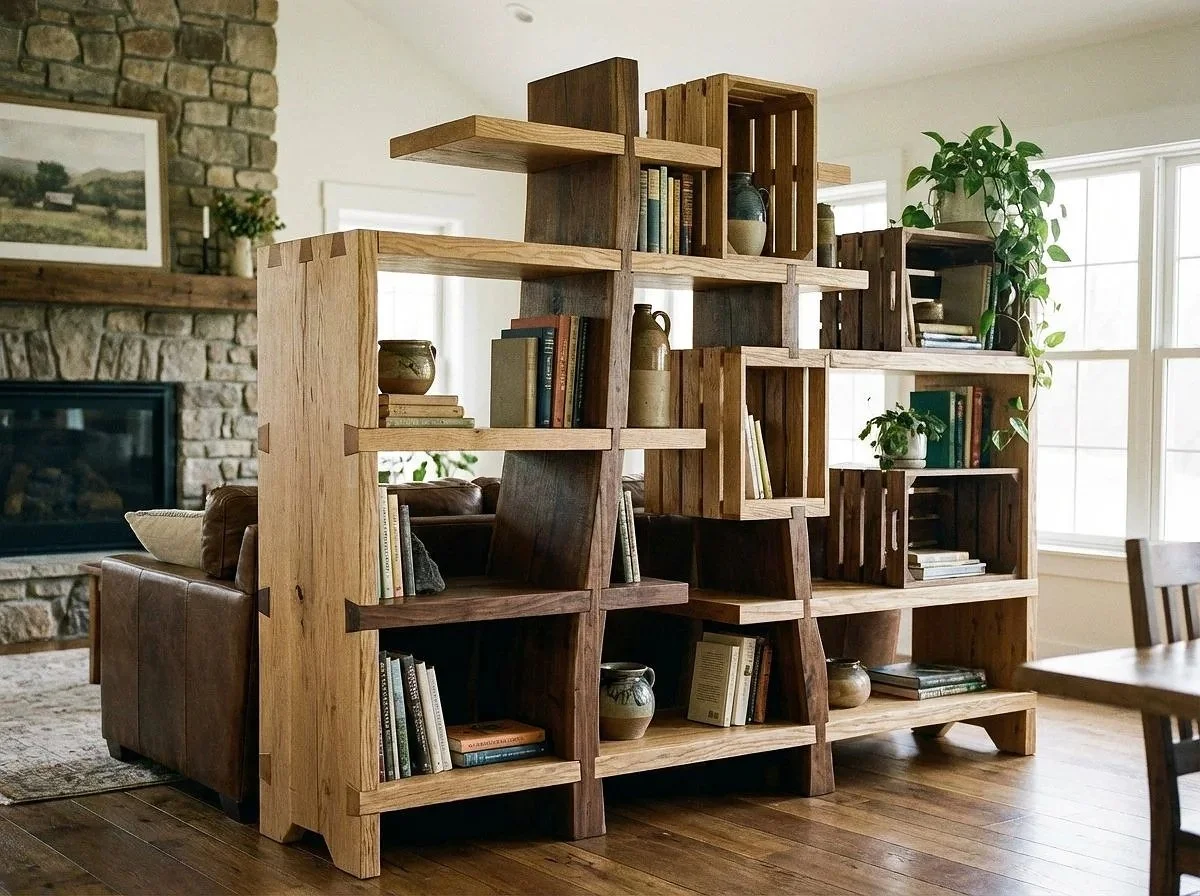 Wooden open bookshelf with various books and decorative items, in a living room with a stone fireplace and large windows