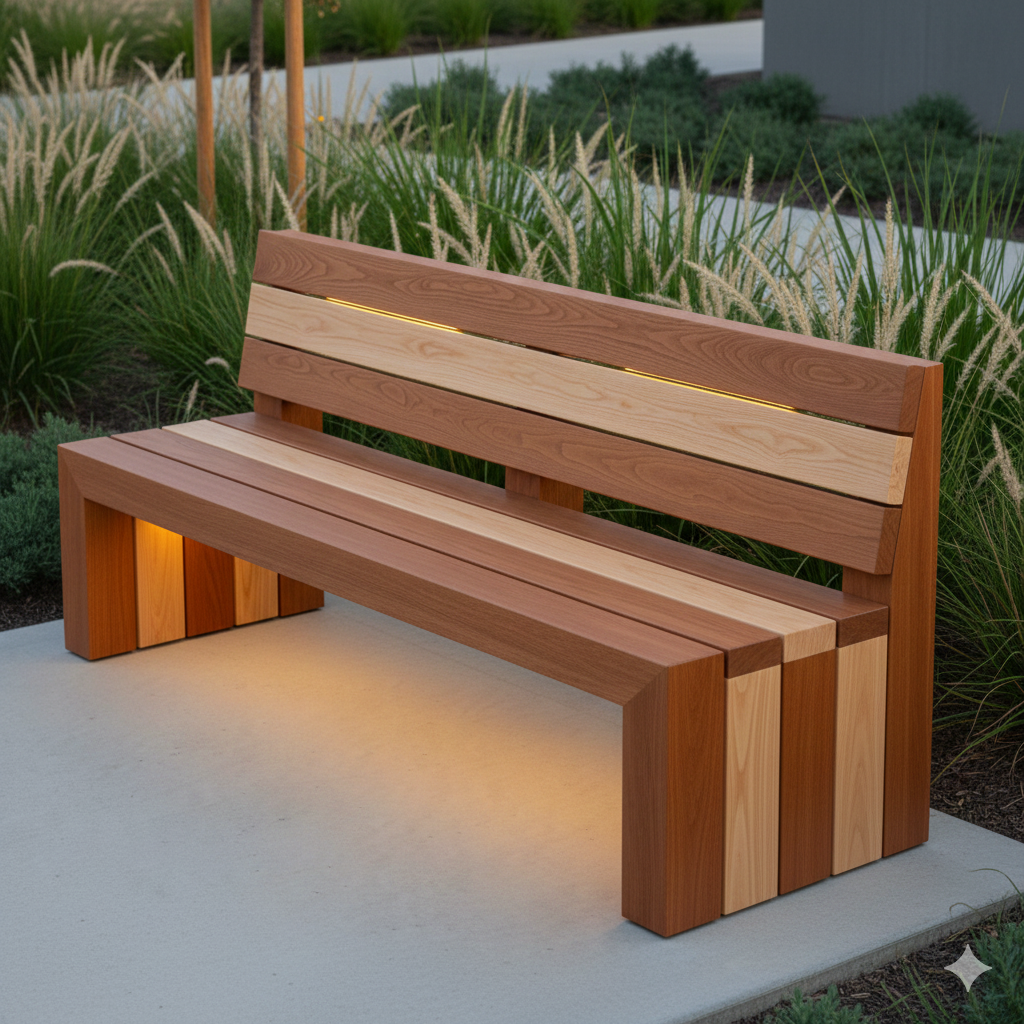 Wooden park bench with lighting, situated on a concrete sidewalk amid greenery and ornamental grasses.