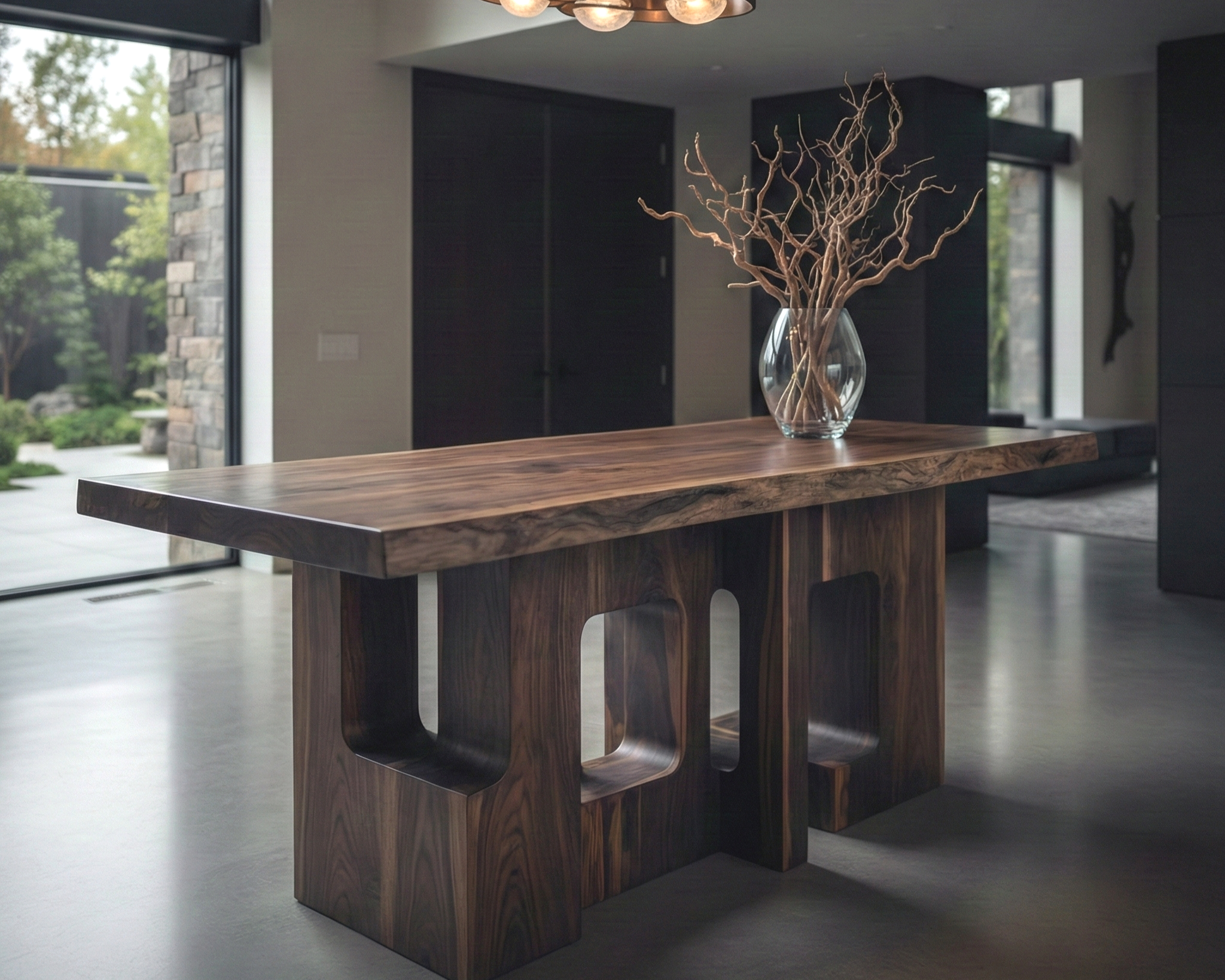 A modern wooden dining table with a glass vase holding bare branches, situated in a contemporary home with large windows and a view of the garden.