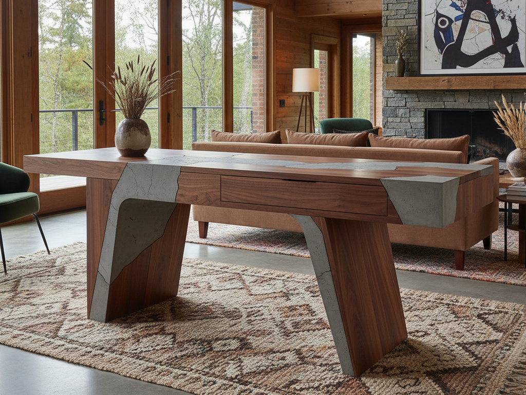 Modern living room with large wooden dining table, decorative vase with dried plants, leather couch, green armchair, stone fireplace, abstract art, and large windows showing a wooded view.