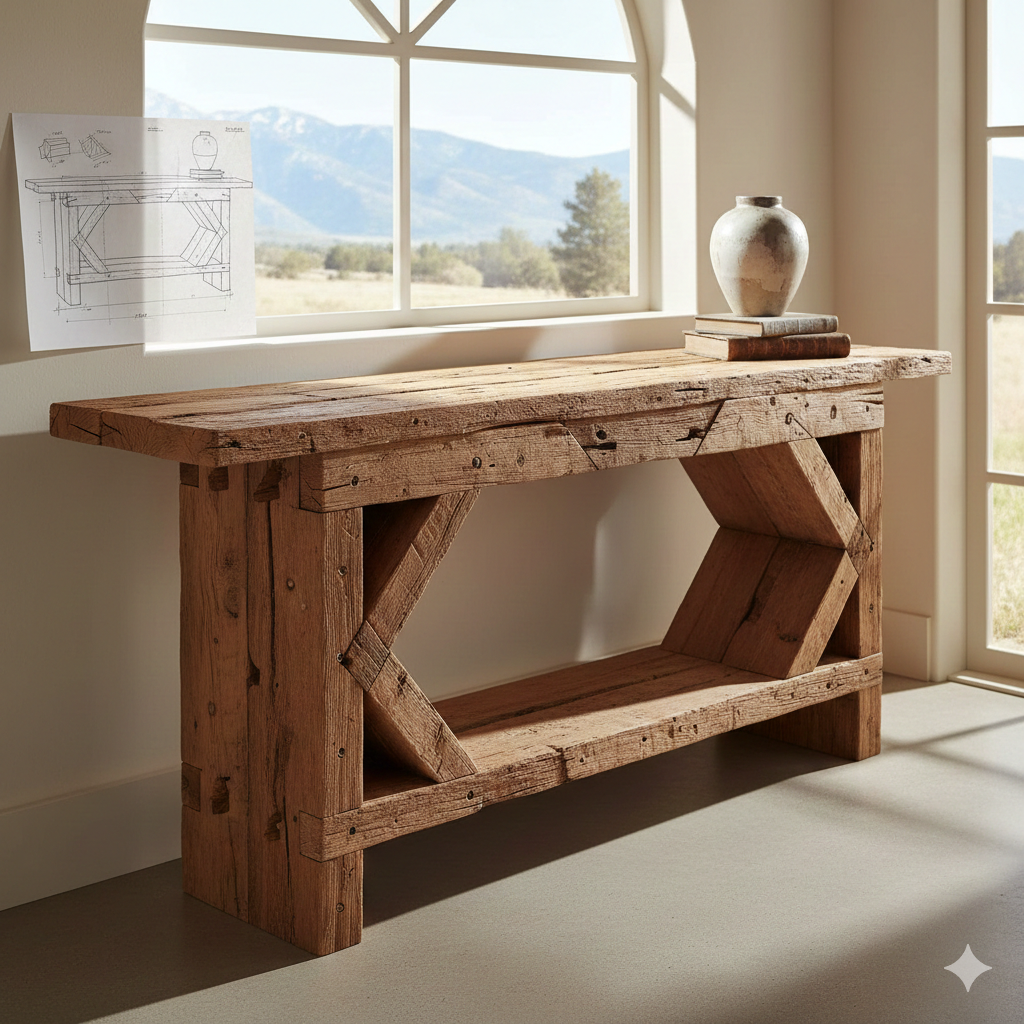 A rustic wooden console table with a shelf underneath, placed by a large window showing mountains and trees outside. The table has a vase and a few books on top, with a drawing of a furniture piece taped to the window.
