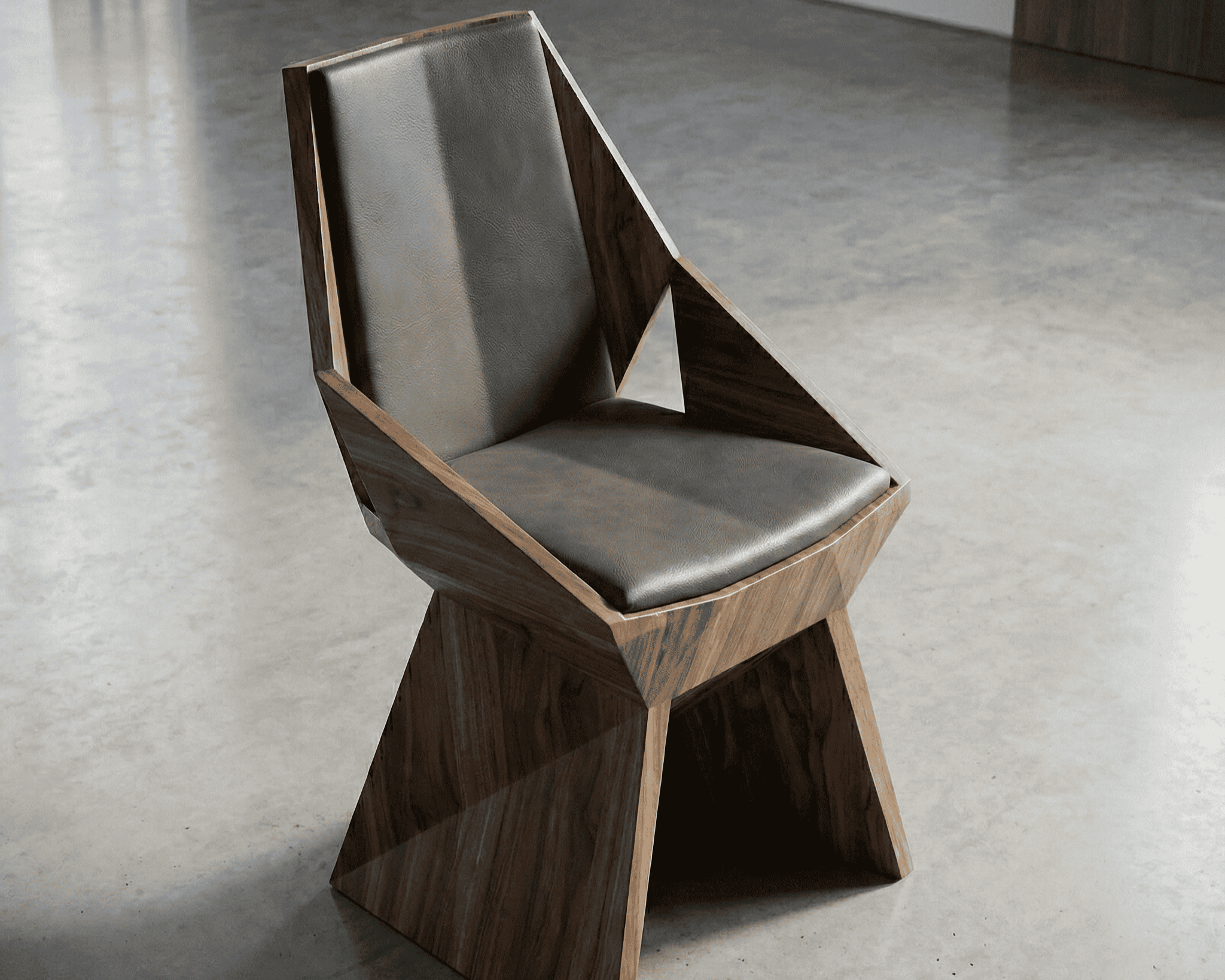 A modern wooden chair with a high backrest and a leather cushioned seat, placed on a smooth concrete floor.