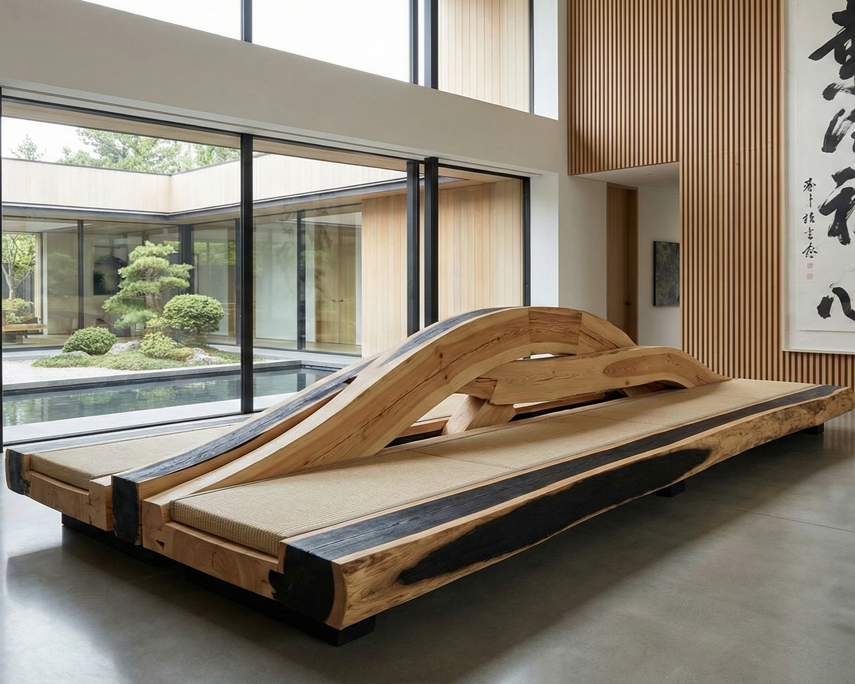 Modern interior with wooden lounge chair, large glass windows overlooking Japanese-style garden with trimmed bushes and trees, and traditional hanging scroll with calligraphy.