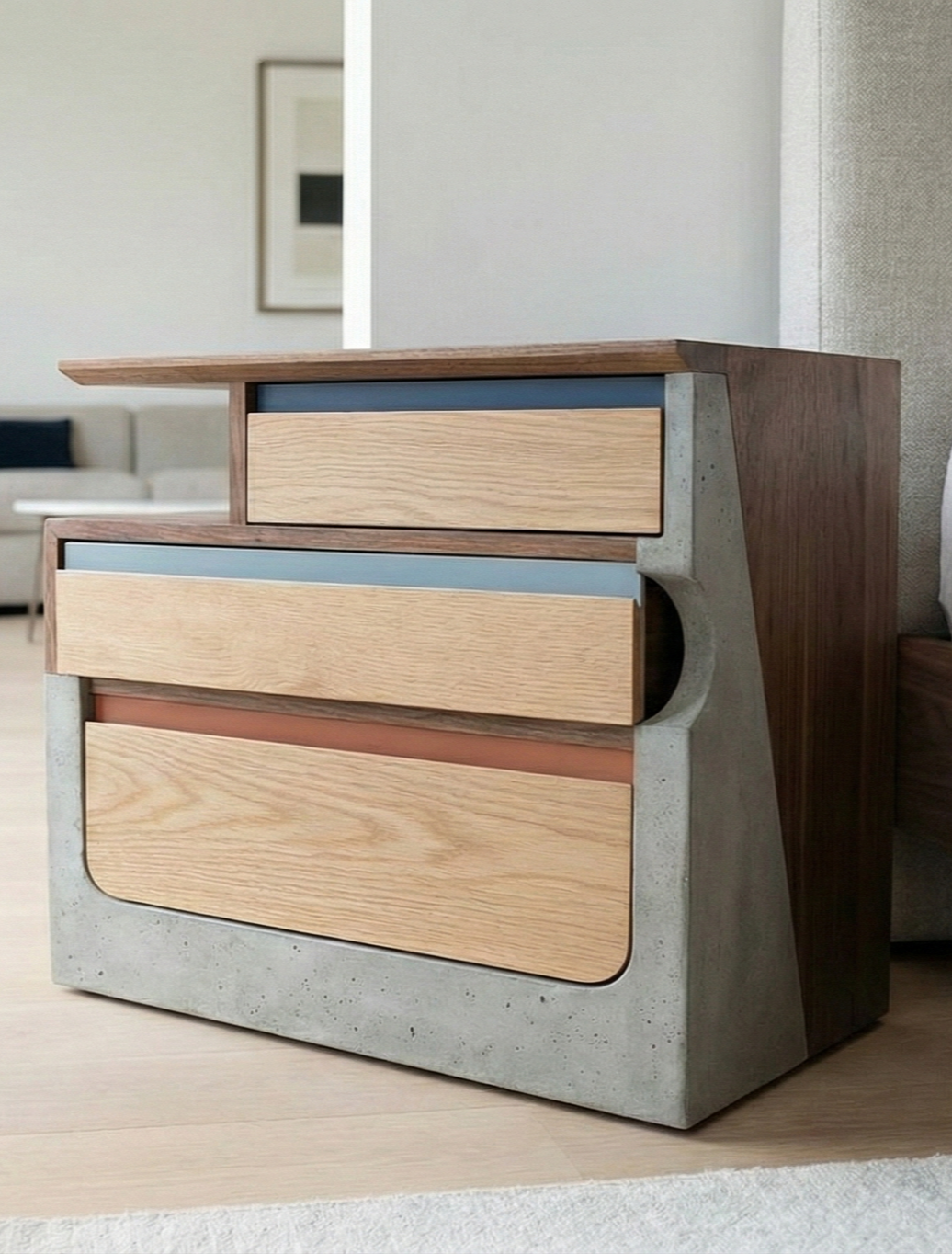 Modern dresser with a concrete frame and wooden drawers in a minimalistic room.