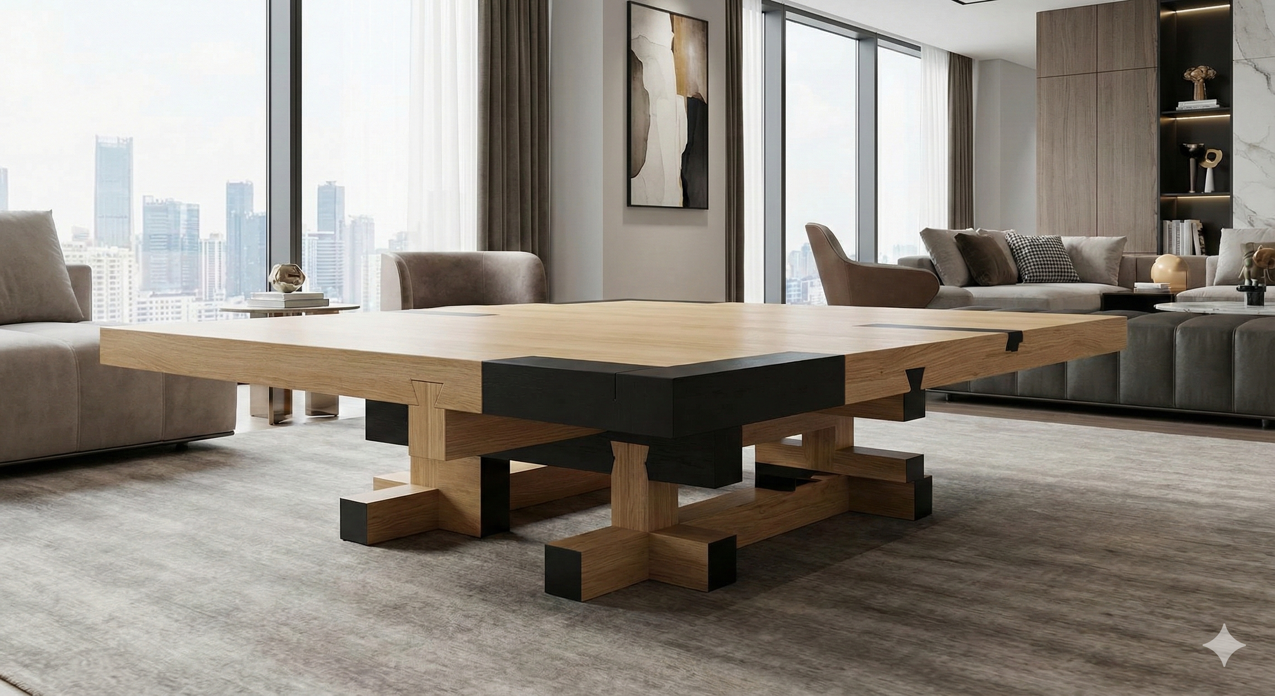 Modern living room with large windows, city skyline view, beige sofas, abstract art, wooden centerpiece table with black accents, and contemporary decor.