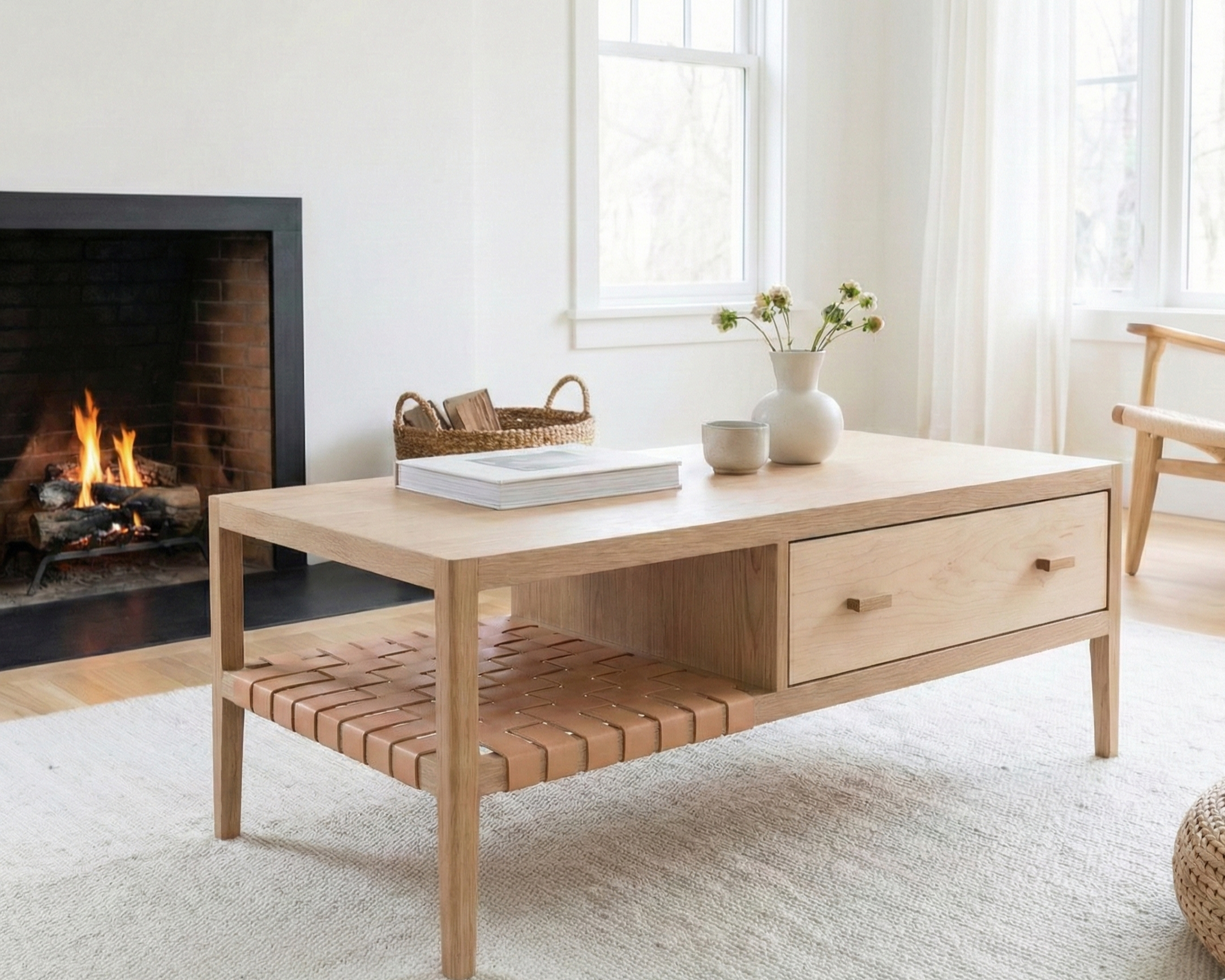 Living room with a wooden coffee table, a fireplace with a fire burning, a white vase with flowers, and sunlight coming through large windows.