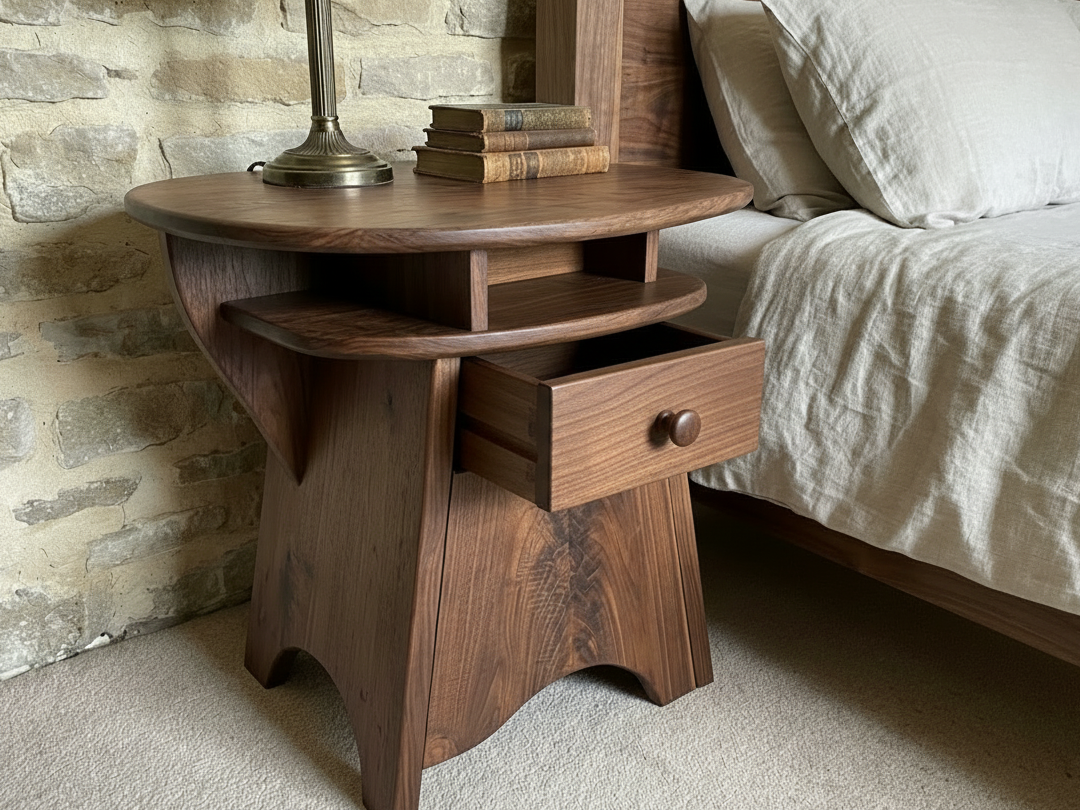 A wooden bedside table with a small drawer, an open shelf, and a rounded top, next to a bed with white bedding, against a stone wall. There is a lamp and a stack of books on the table.