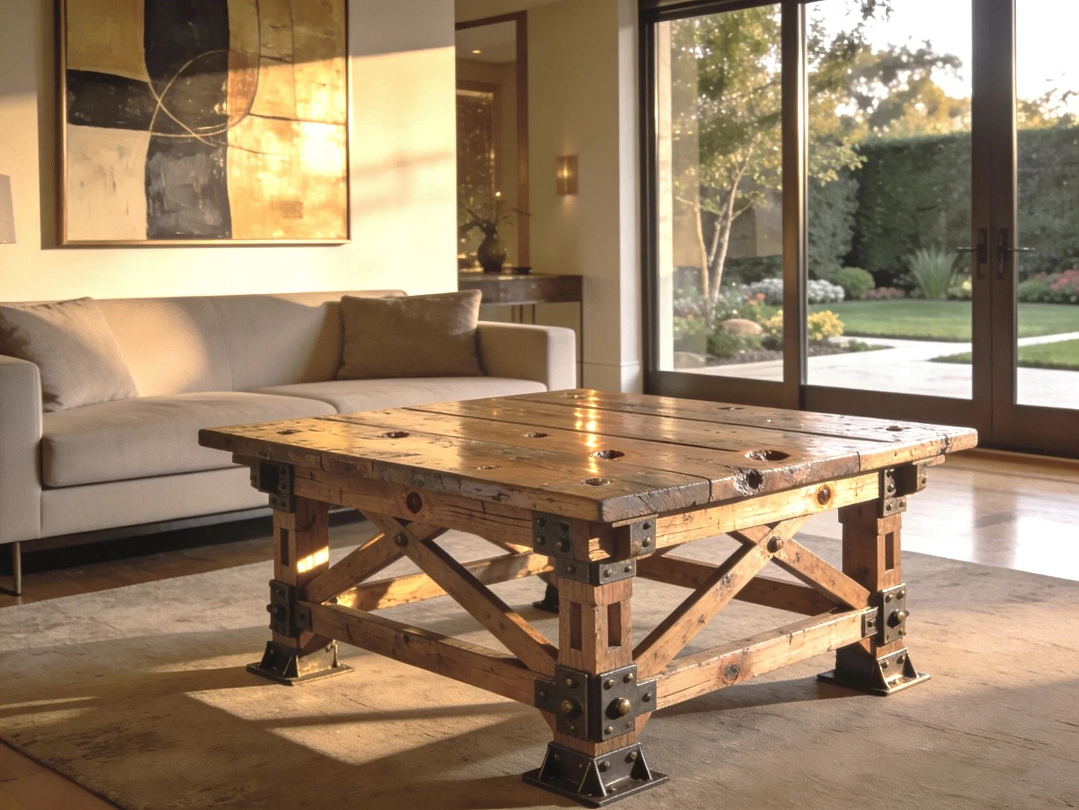 Living room with a beige sofa, abstract artwork, a rustic wooden coffee table, area rug, background views of a garden through large glass doors.