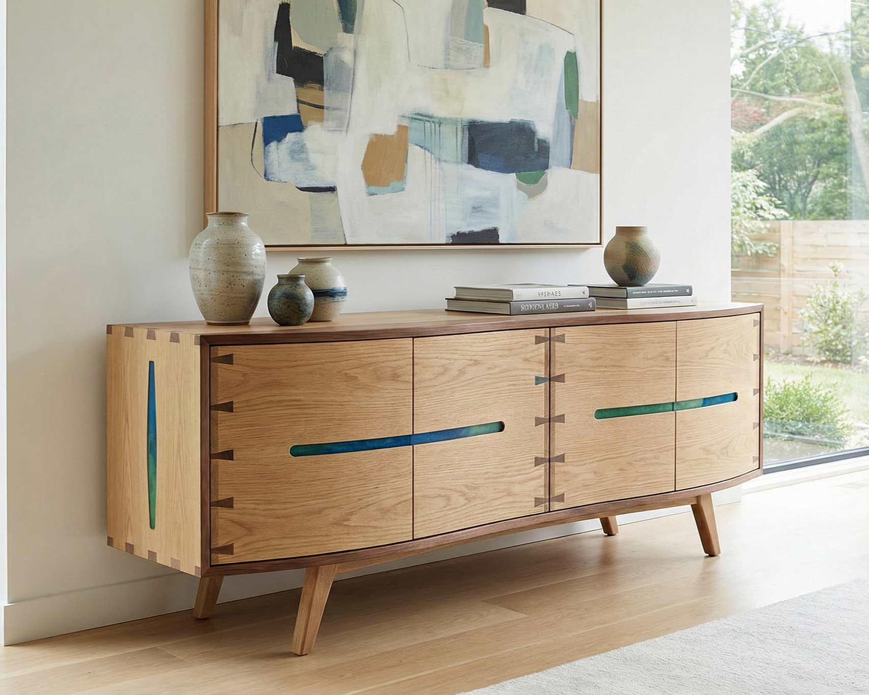 Wooden sideboard with colorful inlays, decorated with ceramic vases and books, in front of a large abstract painting and next to a window with a view of a garden.