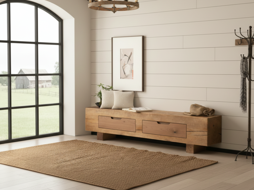 A minimalist entryway with a large window, a wooden bench with drawers, a framed abstract art on the wall, a potted plant, a couple of pillows, and a coat rack with scarves.