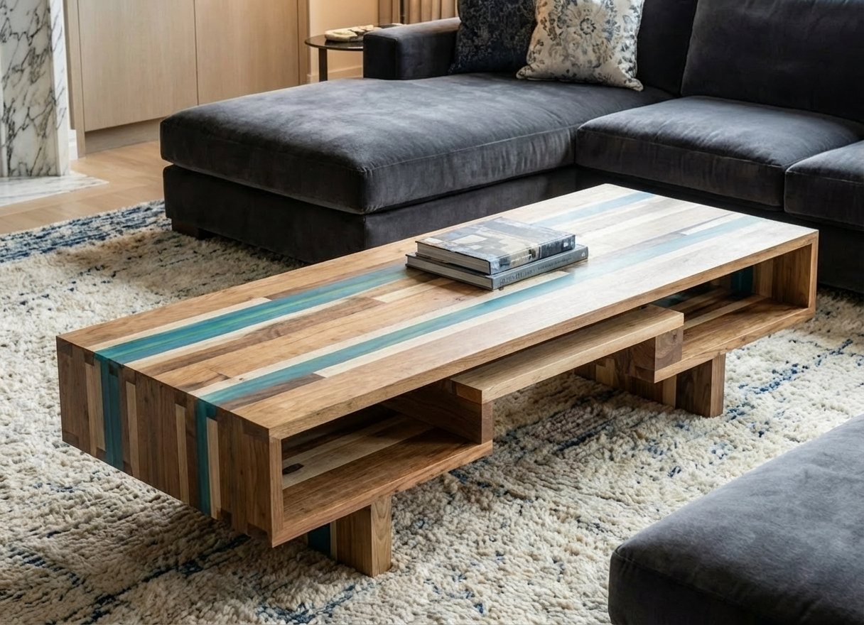 Wooden coffee table with a colorful stripe design on top, placed on a beige patterned rug in a living room with a dark sofa and decorative pillows.