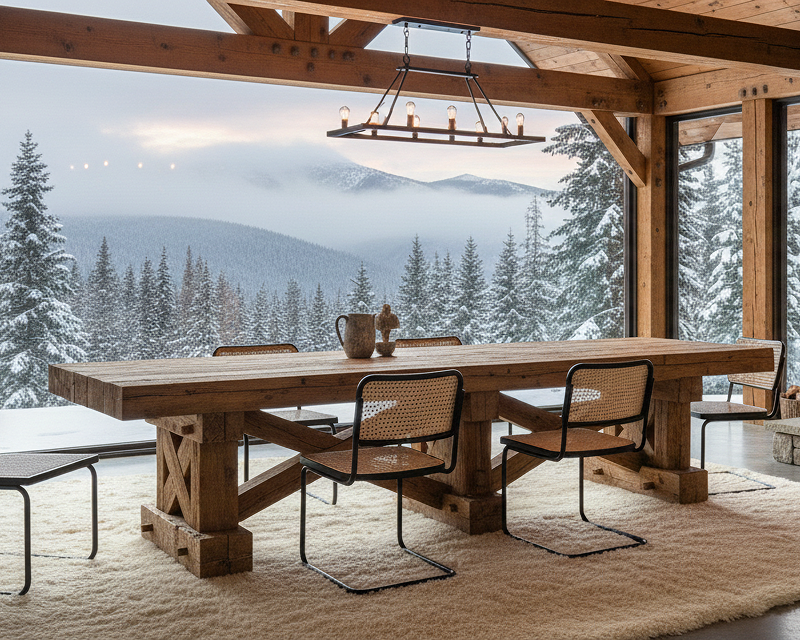 Cozy dining area with a wooden table and four chairs, overlooking a snowy mountainous landscape through large glass windows.