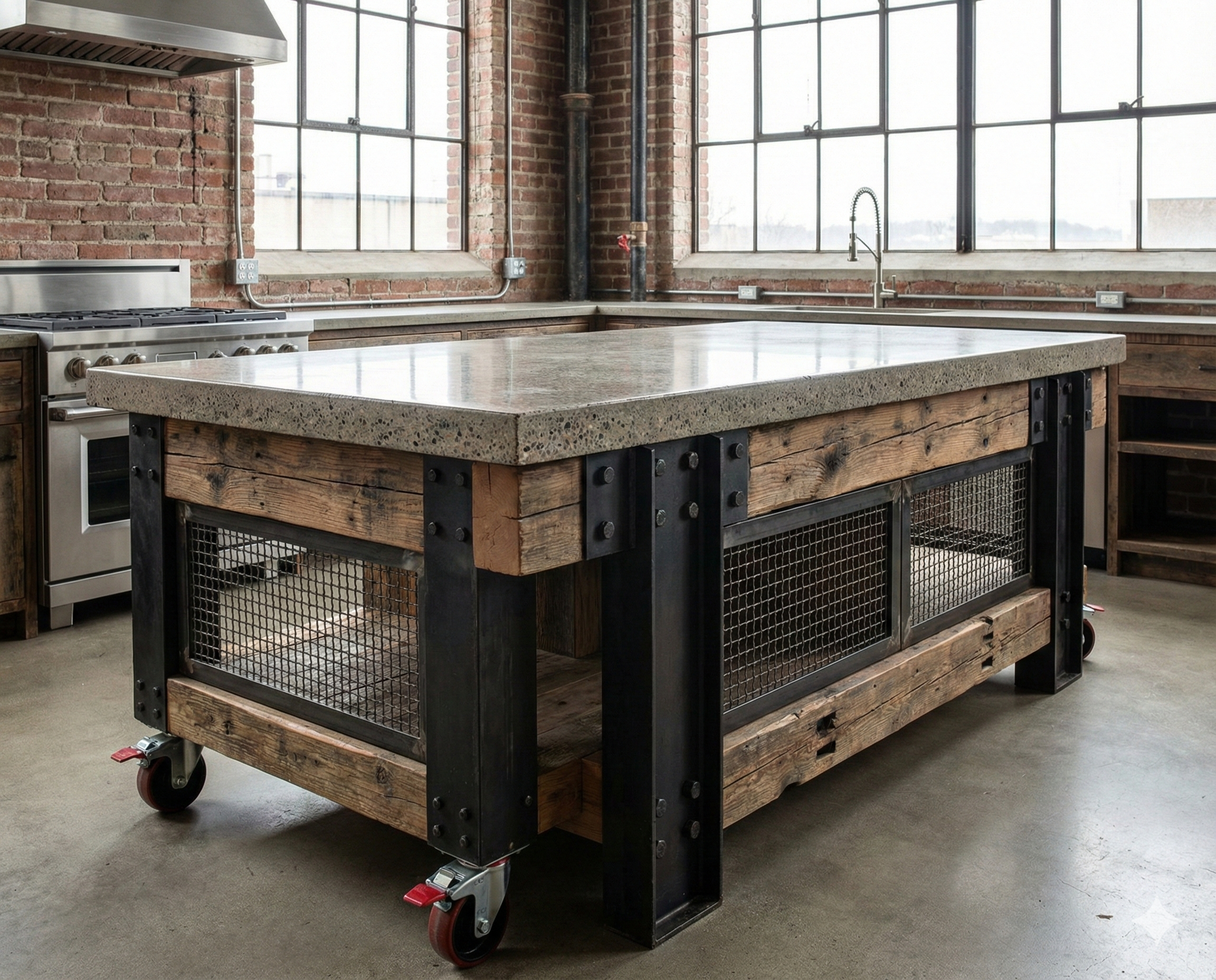 Industrial-style kitchen with a large wooden and metal island, concrete countertop, brick walls, large windows, and stainless steel appliances.